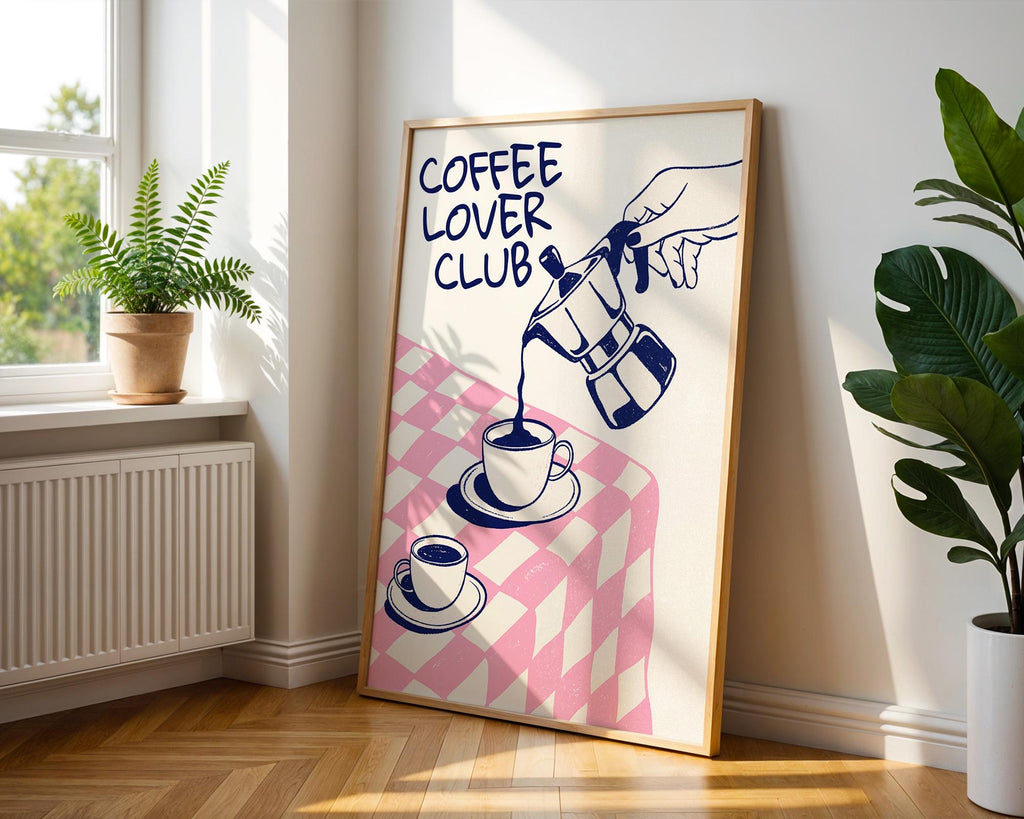 Coffee Lover Club Retro Print, Breakfast Poster, Moka Pot Espresso Print, Hand Drawn Kitchen Print, Blue & Pink Fun Wall Art, DIGITAL ART
