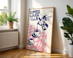 Coffee Lover Club Retro Print, Breakfast Poster, Moka Pot Espresso Print, Hand Drawn Kitchen Print, Blue & Pink Fun Wall Art, DIGITAL ART