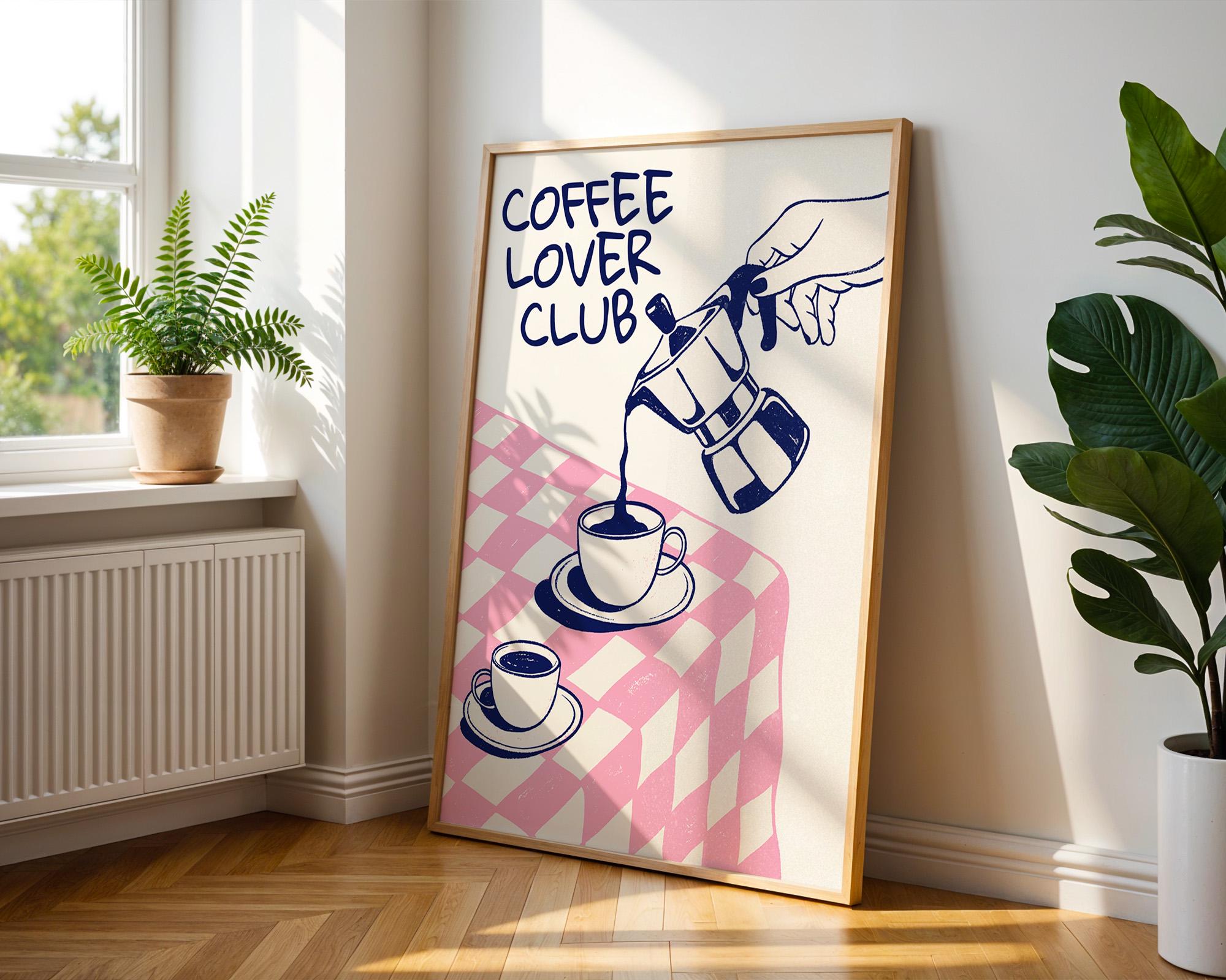 Coffee Lover Club Retro Print, Breakfast Poster, Moka Pot Espresso Print, Hand Drawn Kitchen Print, Blue & Pink Fun Wall Art, DIGITAL ART