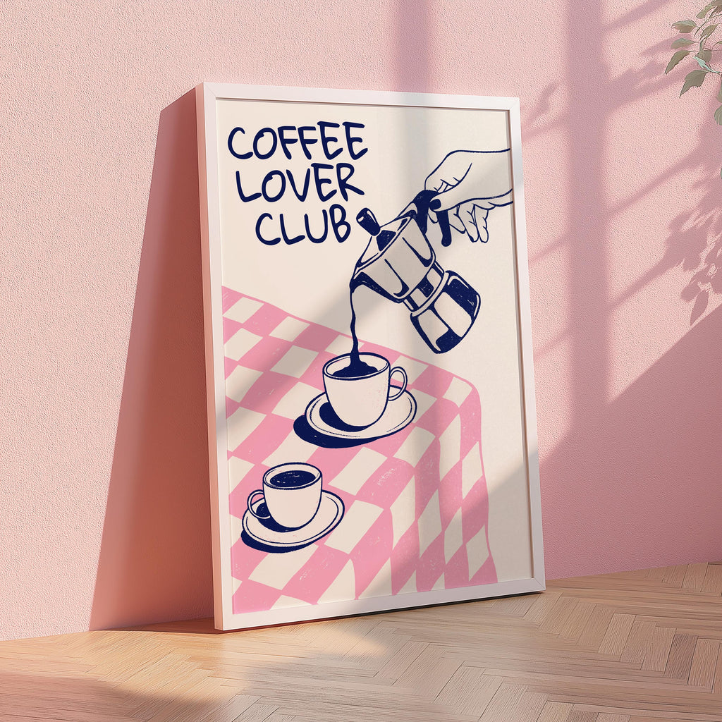 Coffee Lover Club Retro Print, Breakfast Poster, Moka Pot Espresso Print, Hand Drawn Kitchen Print, Blue & Pink Fun Wall Art, DIGITAL ART