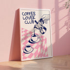 Coffee Lover Club Retro Print, Breakfast Poster, Moka Pot Espresso Print, Hand Drawn Kitchen Print, Blue & Pink Fun Wall Art, DIGITAL ART