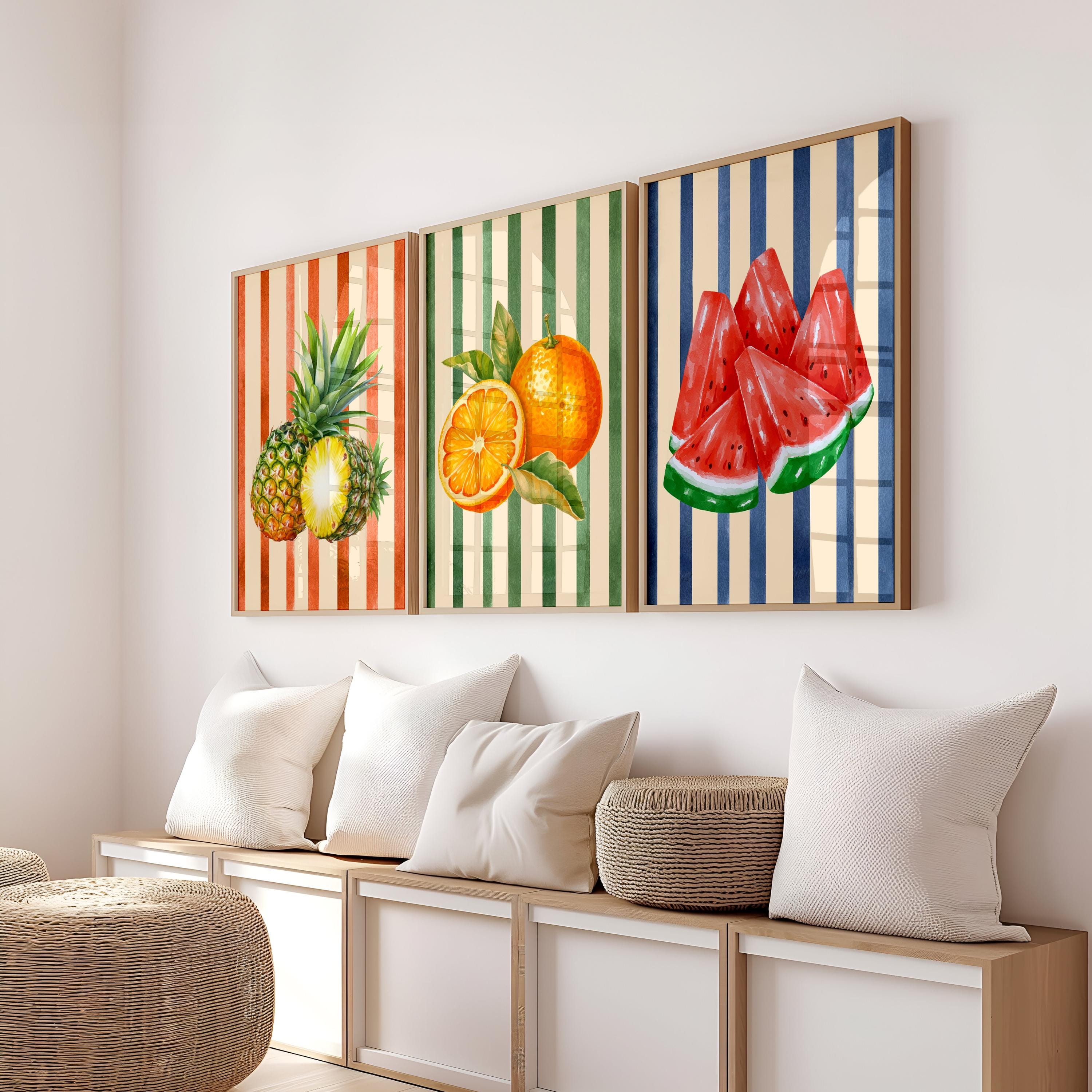 Retro Fruit Abstract Kitchen Art Print Set of 3 Gallery Minimalist Wall Art Orange Watermelon Pineapple Fruit Market Print Digital Download