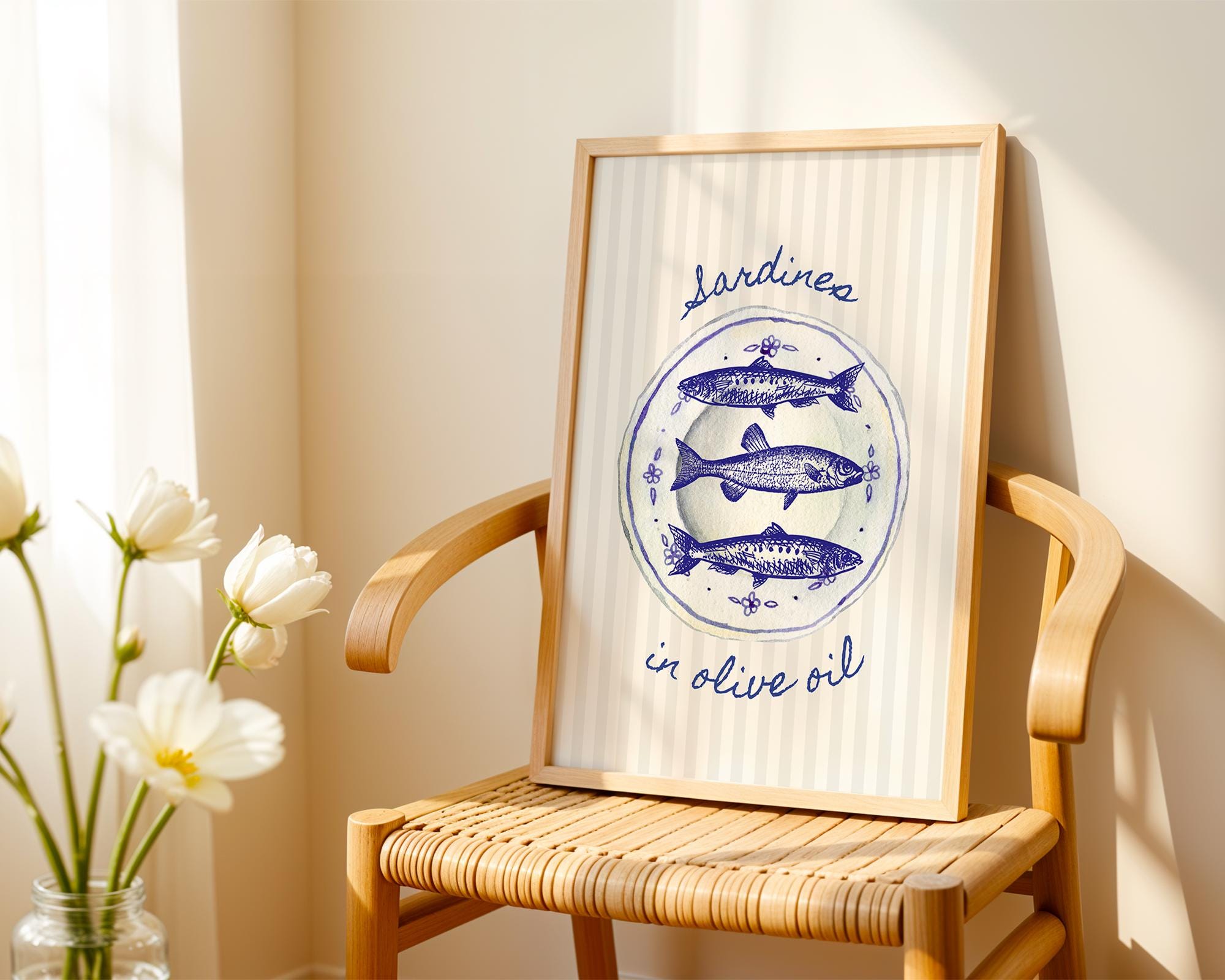 Sardines Plate Art Print, Fish Art Print, Sardines Tinned Print, Blue Fish Print, Retro Kitchen Wall Art, Trendy Wall Art, Seafood Wall Art