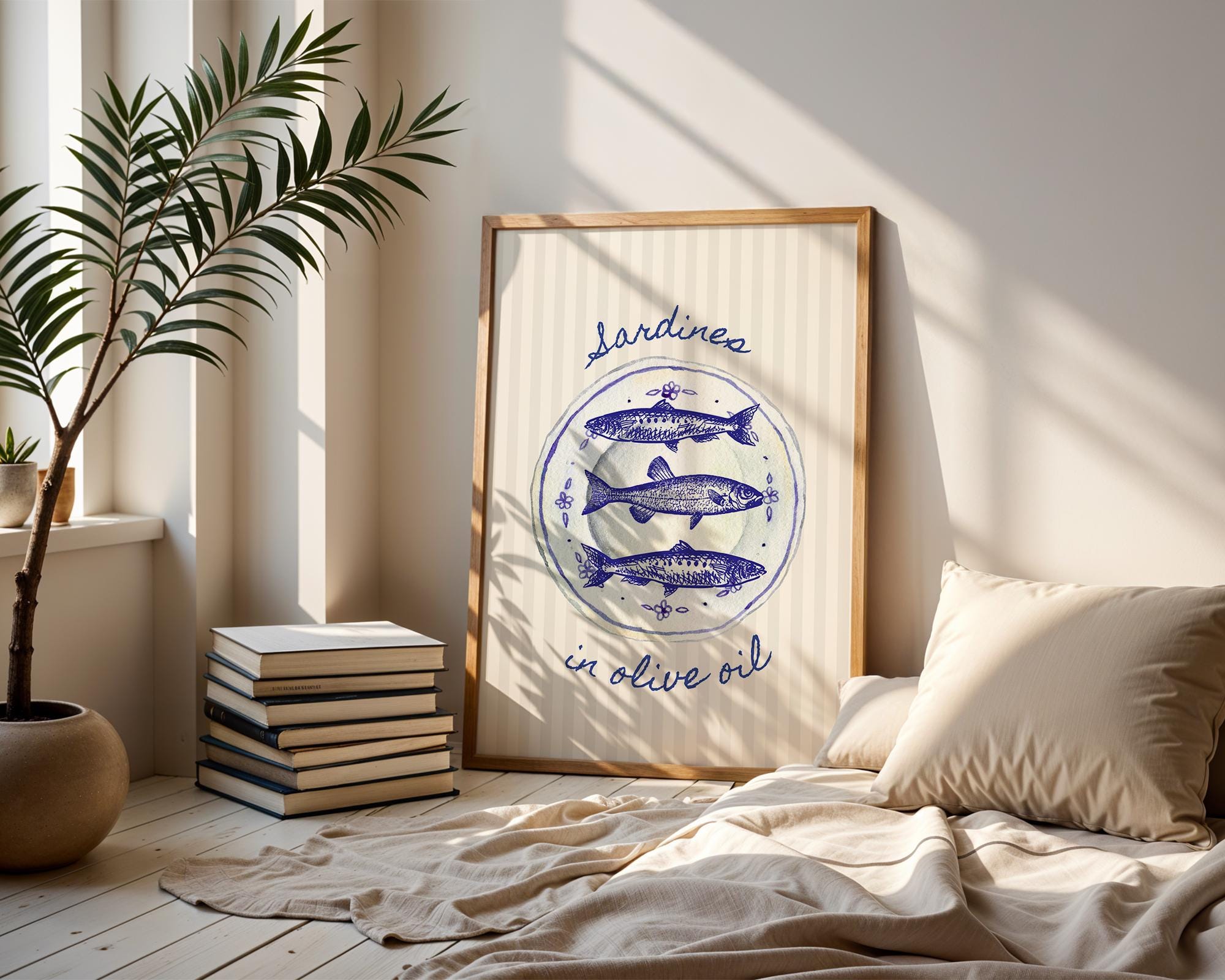 Sardines Plate Art Print, Fish Art Print, Sardines Tinned Print, Blue Fish Print, Retro Kitchen Wall Art, Trendy Wall Art, Seafood Wall Art