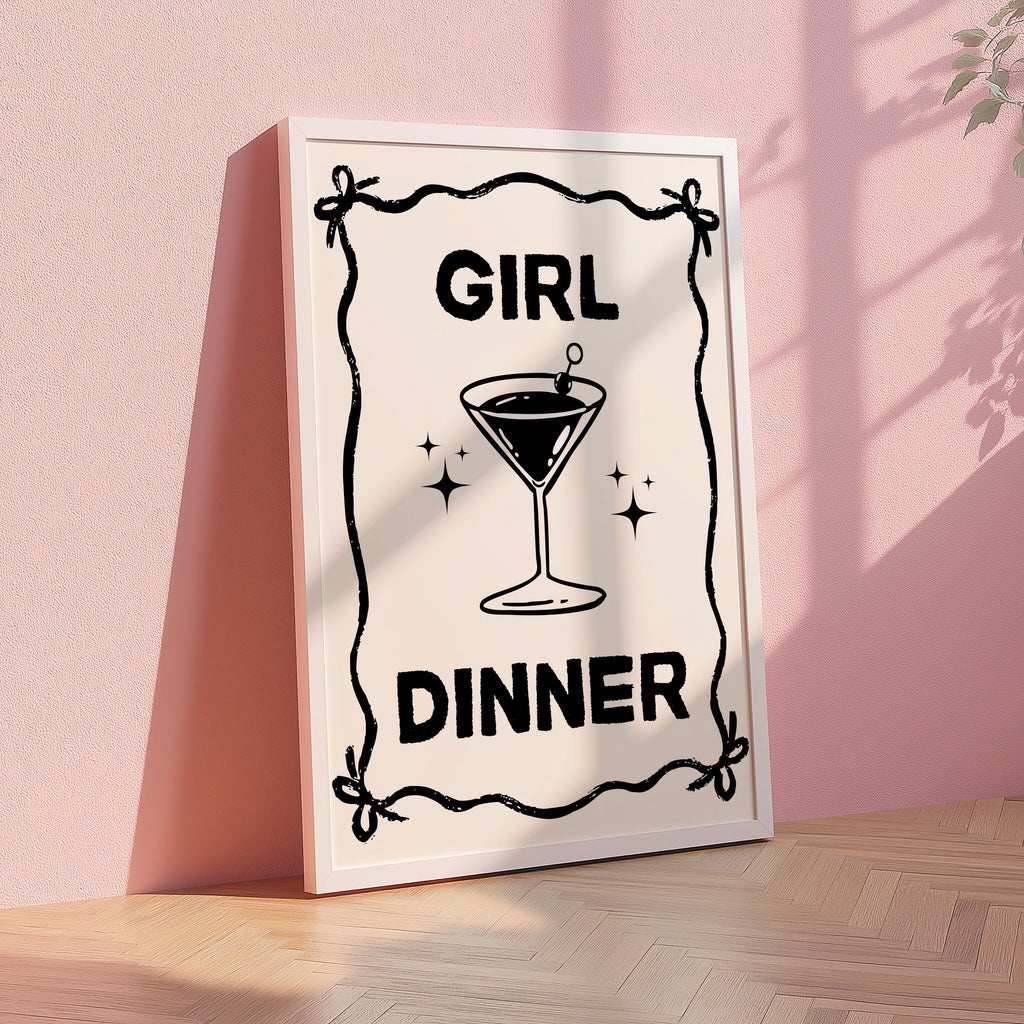 Girl Dinner Print, Funny Kitchen Prints, College Apartment Poster Black Bar Cart Decor, Cocktail Wall Art, Cute Martini Gifts, Bar Cart Art