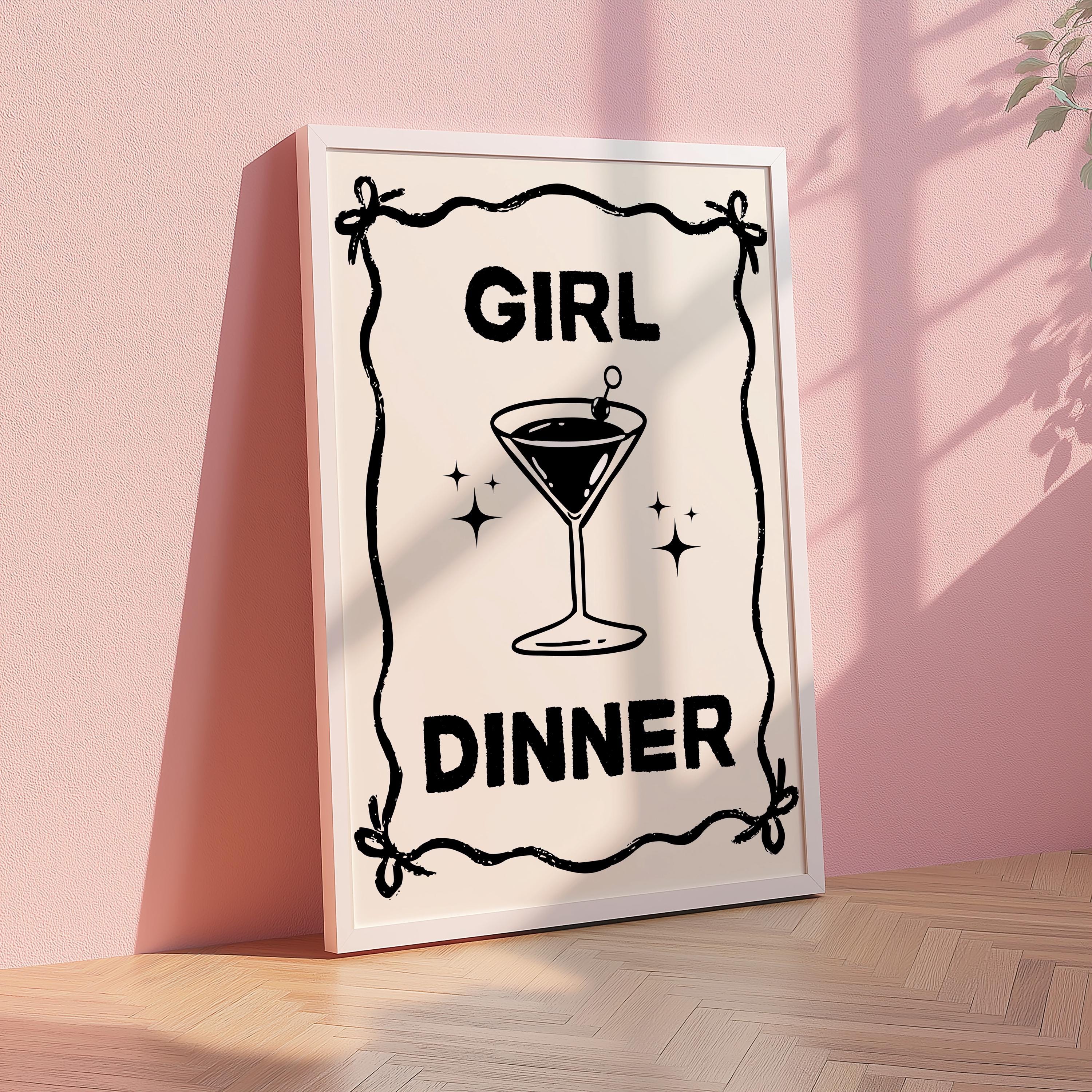 Girl Dinner Print, Funny Kitchen Prints, College Apartment Poster Black Bar Cart Decor, Cocktail Wall Art, Cute Martini Gifts, Bar Cart Art