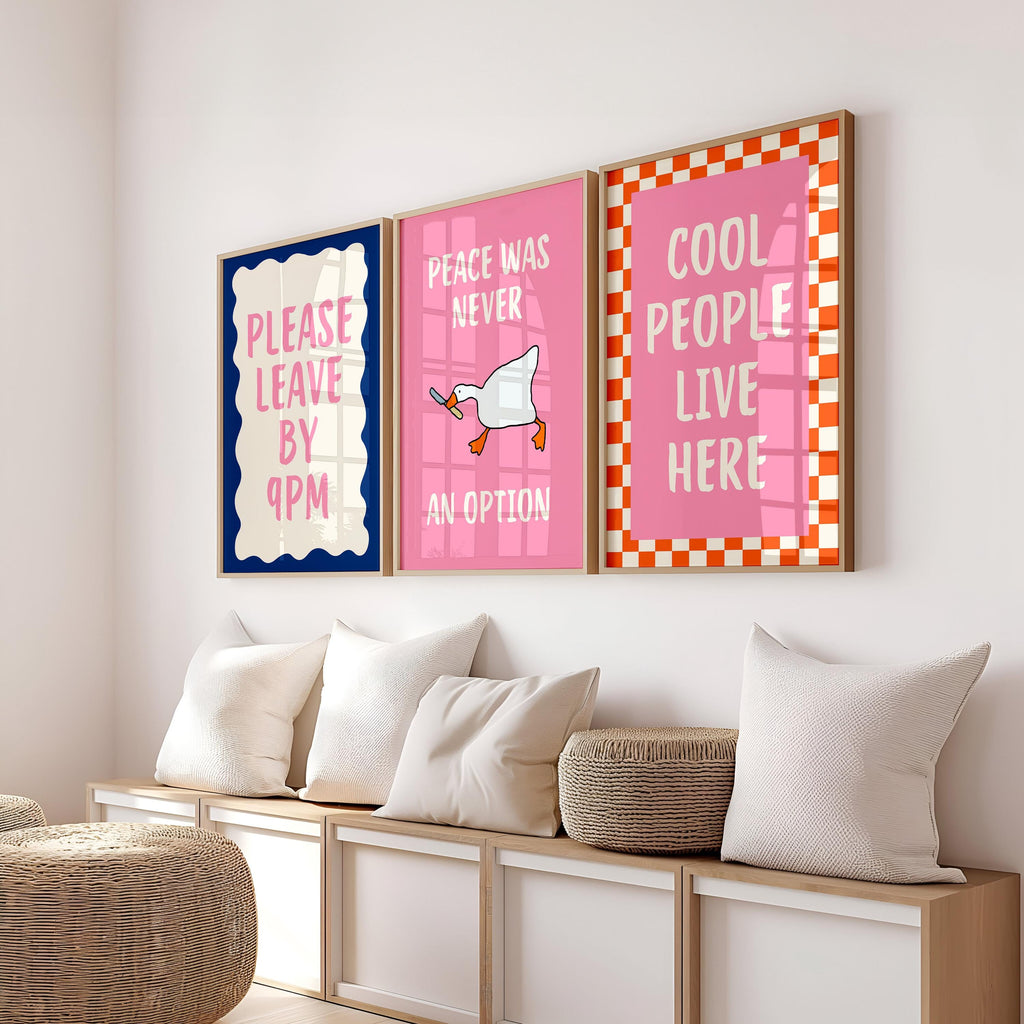 Dopamine Decor Wall Art Set of 3, Funky Pink Prints, Cool People Live Here Poster, Retro Quote Art, Maximalist Apartment Decor, Trendy Print
