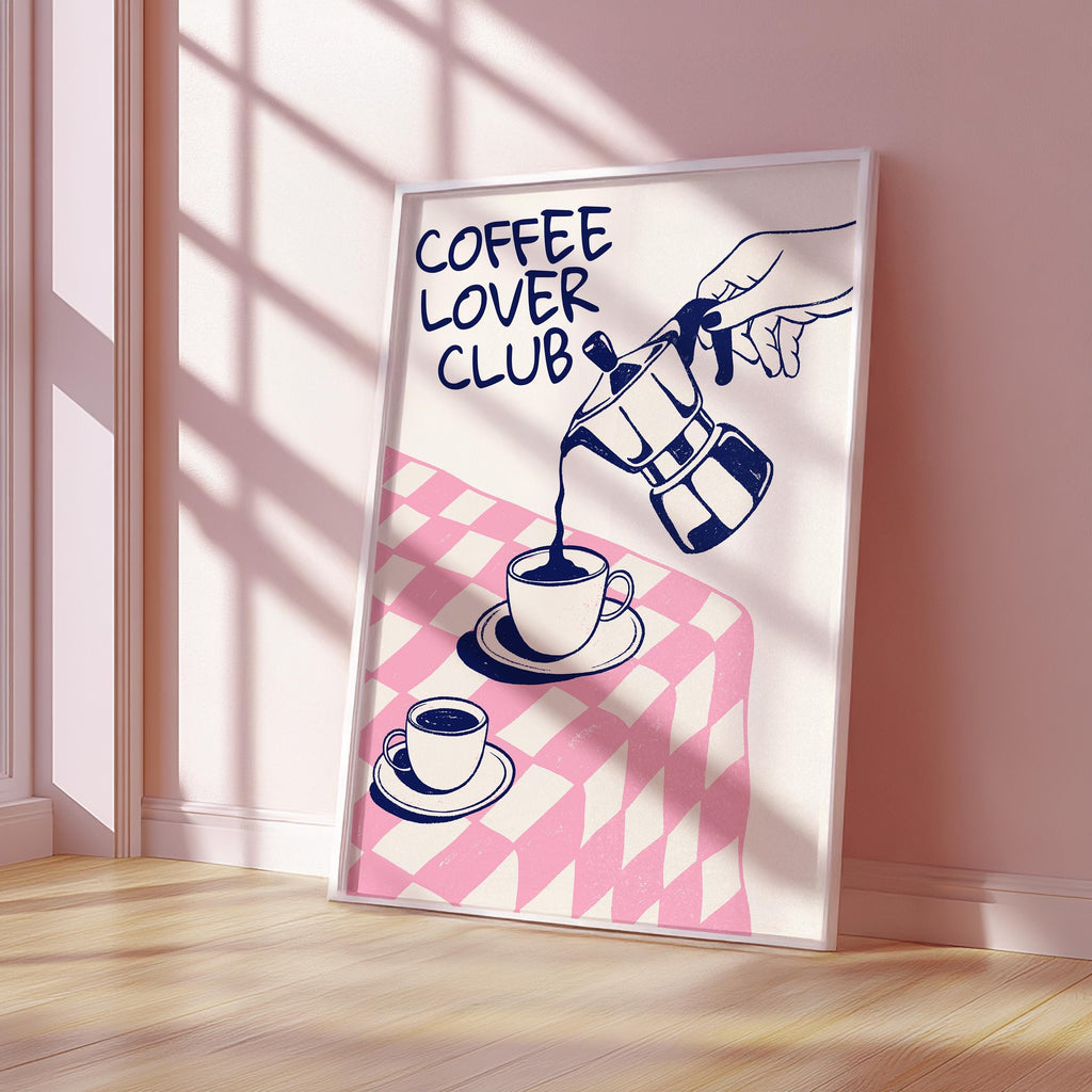 Coffee Lover Club Retro Print, Breakfast Poster, Moka Pot Espresso Print, Hand Drawn Kitchen Print, Blue & Pink Fun Wall Art, DIGITAL ART