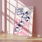 Coffee Lover Club Retro Print, Breakfast Poster, Moka Pot Espresso Print, Hand Drawn Kitchen Print, Blue & Pink Fun Wall Art, DIGITAL ART