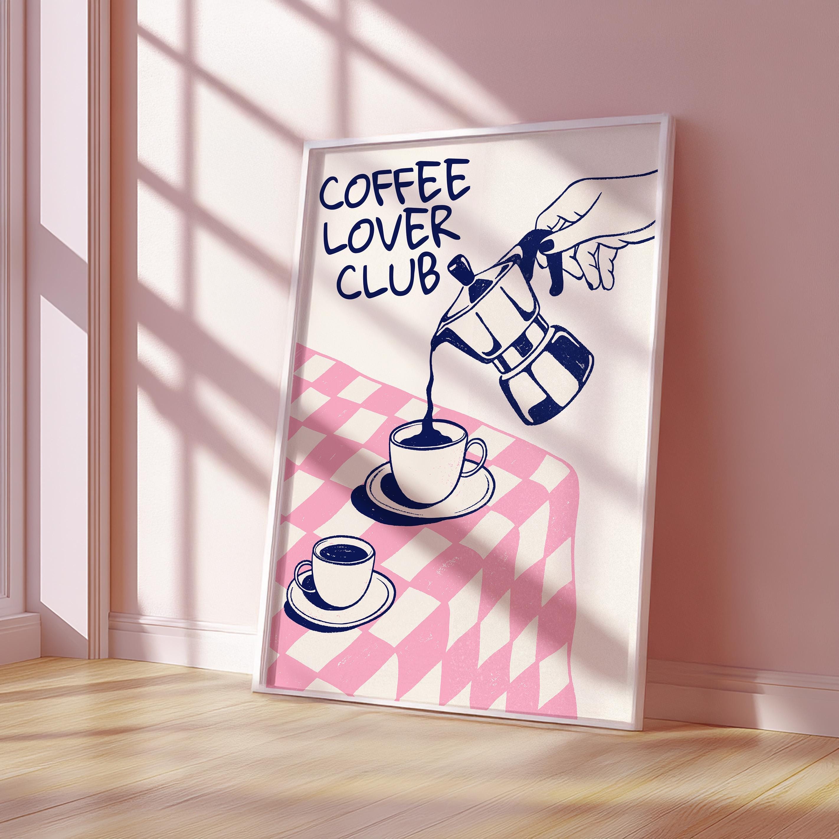 Coffee Lover Club Retro Print, Breakfast Poster, Moka Pot Espresso Print, Hand Drawn Kitchen Print, Blue & Pink Fun Wall Art, DIGITAL ART