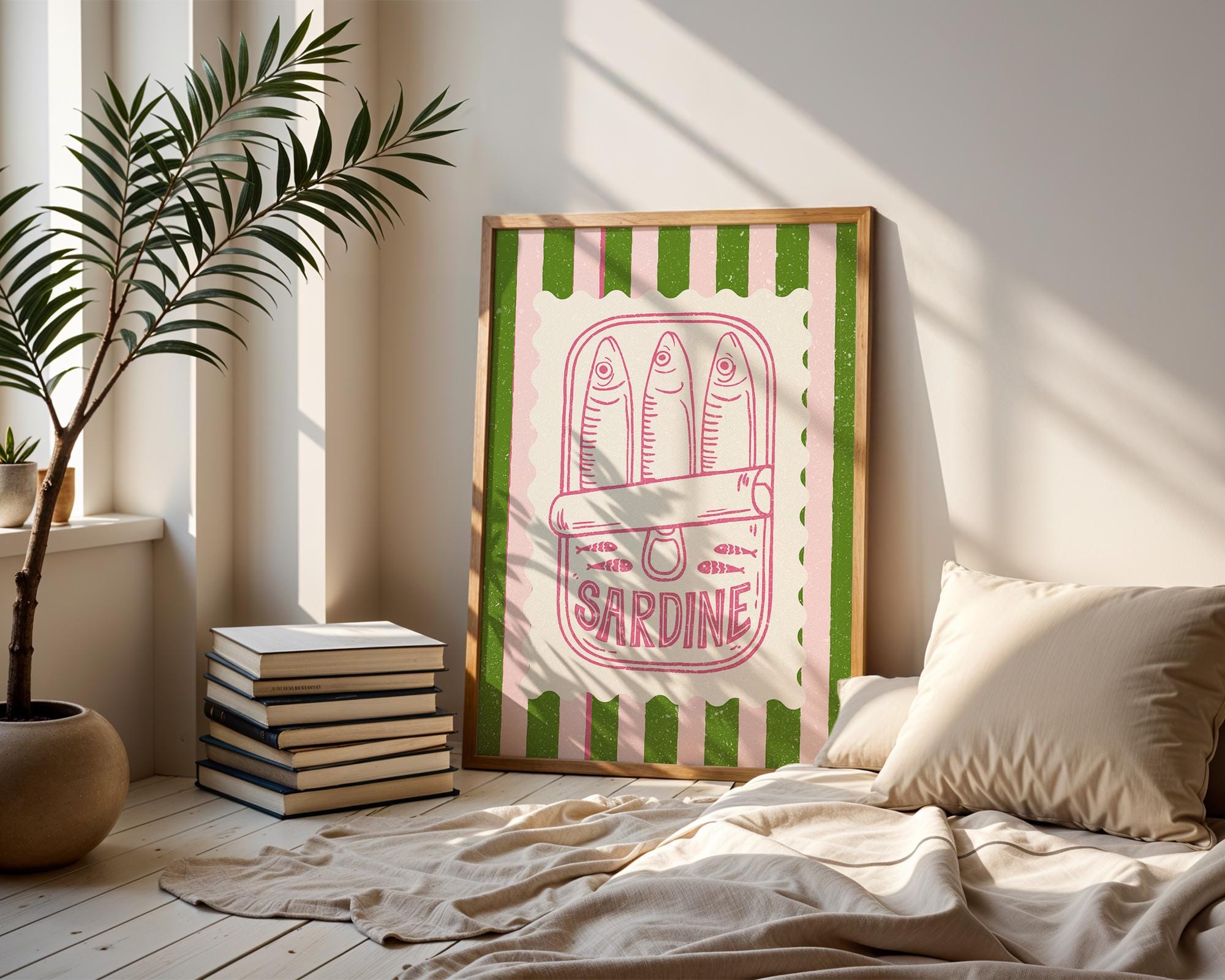 Retro Sardine Tin Poster, Funny Kitchen Wall Art, Pink Green Stripe Kitchen Decor, Trendy Seafood Poster, Nautical Coastal Wall Art, DIGITAL