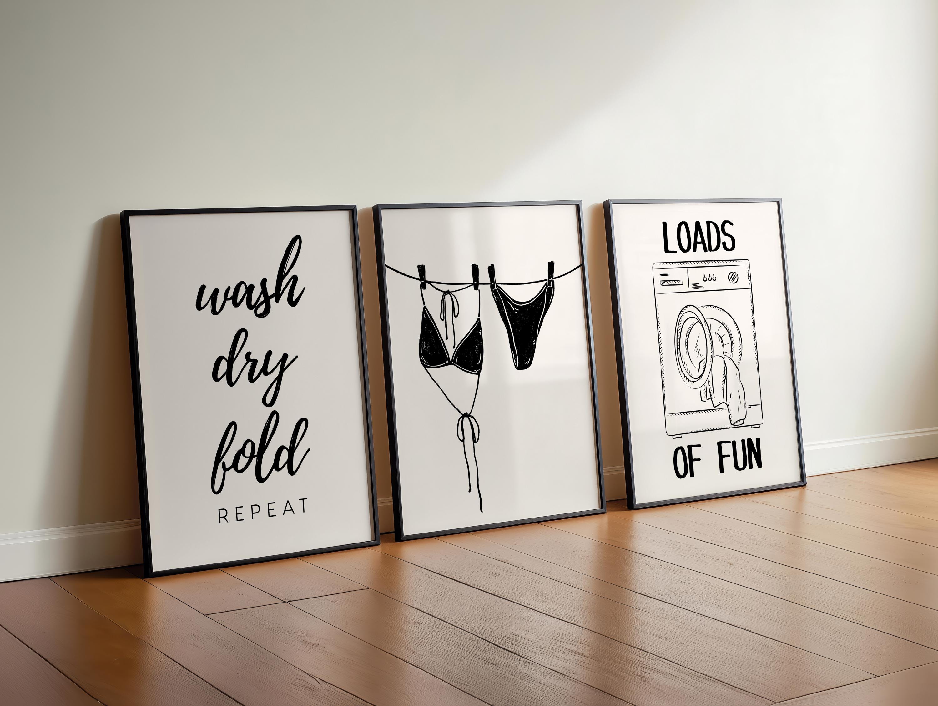 Funny Laundry Room Wall Art Set of 3, Wash Dry Fold Quote Print, Black and White Laundry Decor, Cute Laundromat Poster DIGITAL DOWNLOAD