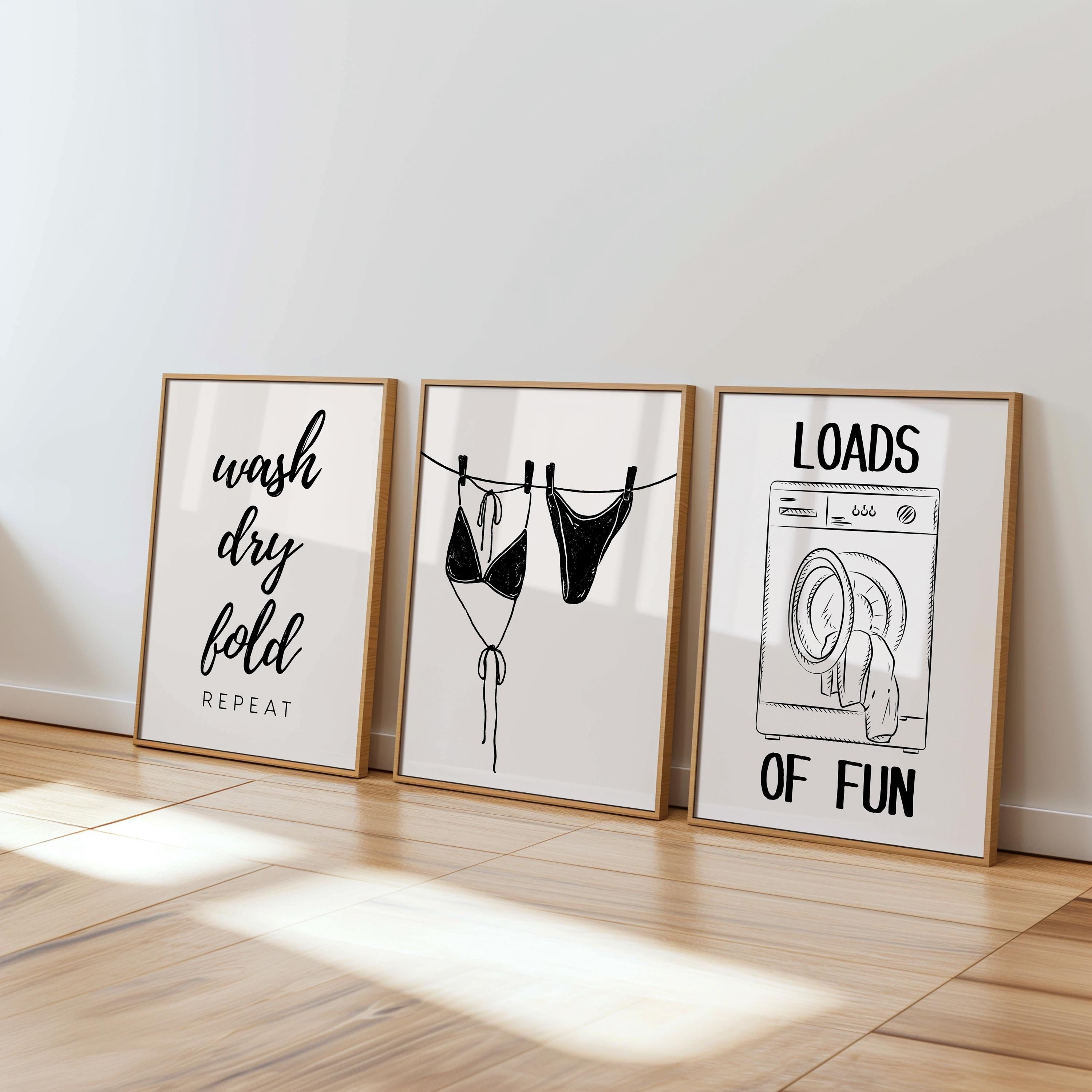 Funny Laundry Room Wall Art Set of 3, Wash Dry Fold Quote Print, Black and White Laundry Decor, Cute Laundromat Poster DIGITAL DOWNLOAD