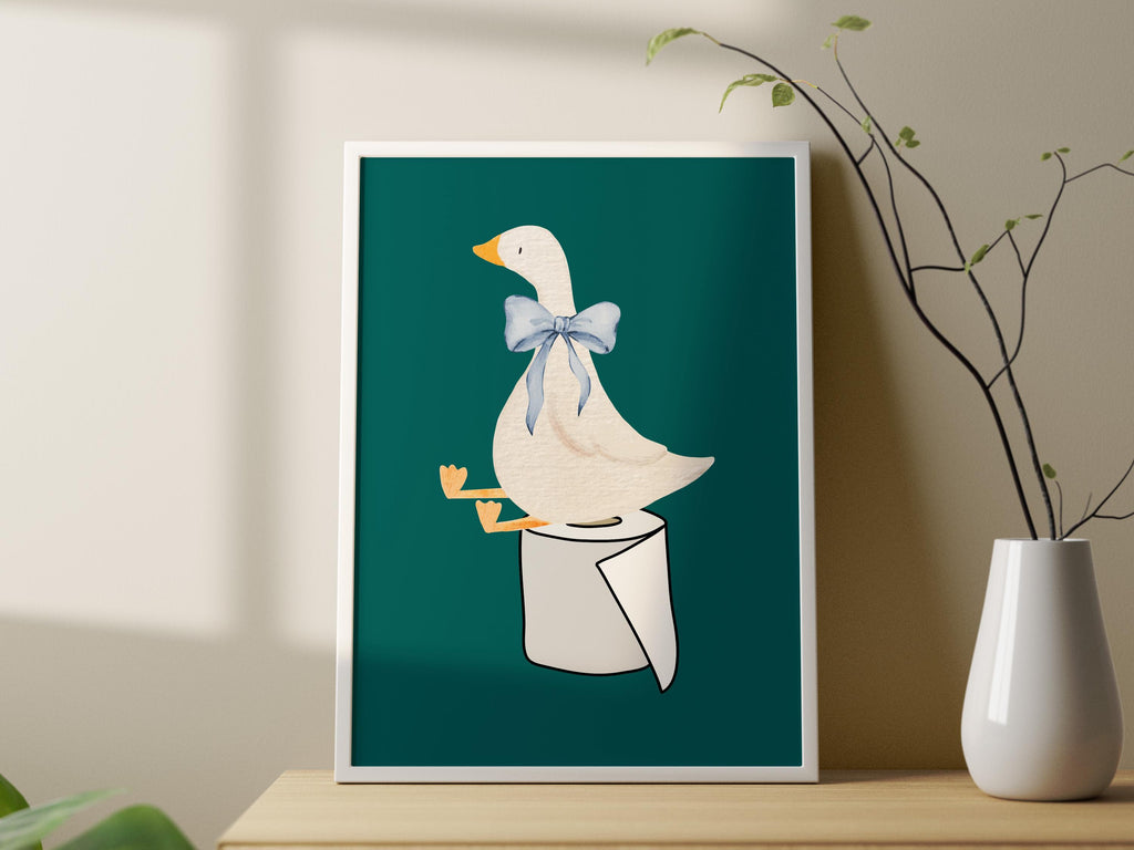 Funny Bathroom wall decor, Silly goose bathroom art print, toilet paper bathroom kids art, Green Nursery Decor, Toilet Art, Funny Art Print