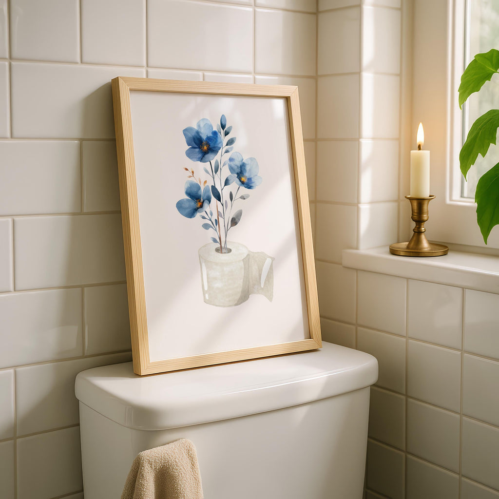 Blue Toilet Paper Roll Plant Print, Funny Bathroom Wall Art, Blue Watercolor Art, Botanical Print Minimalist Wall Art, Toilet Print, DIGITAL