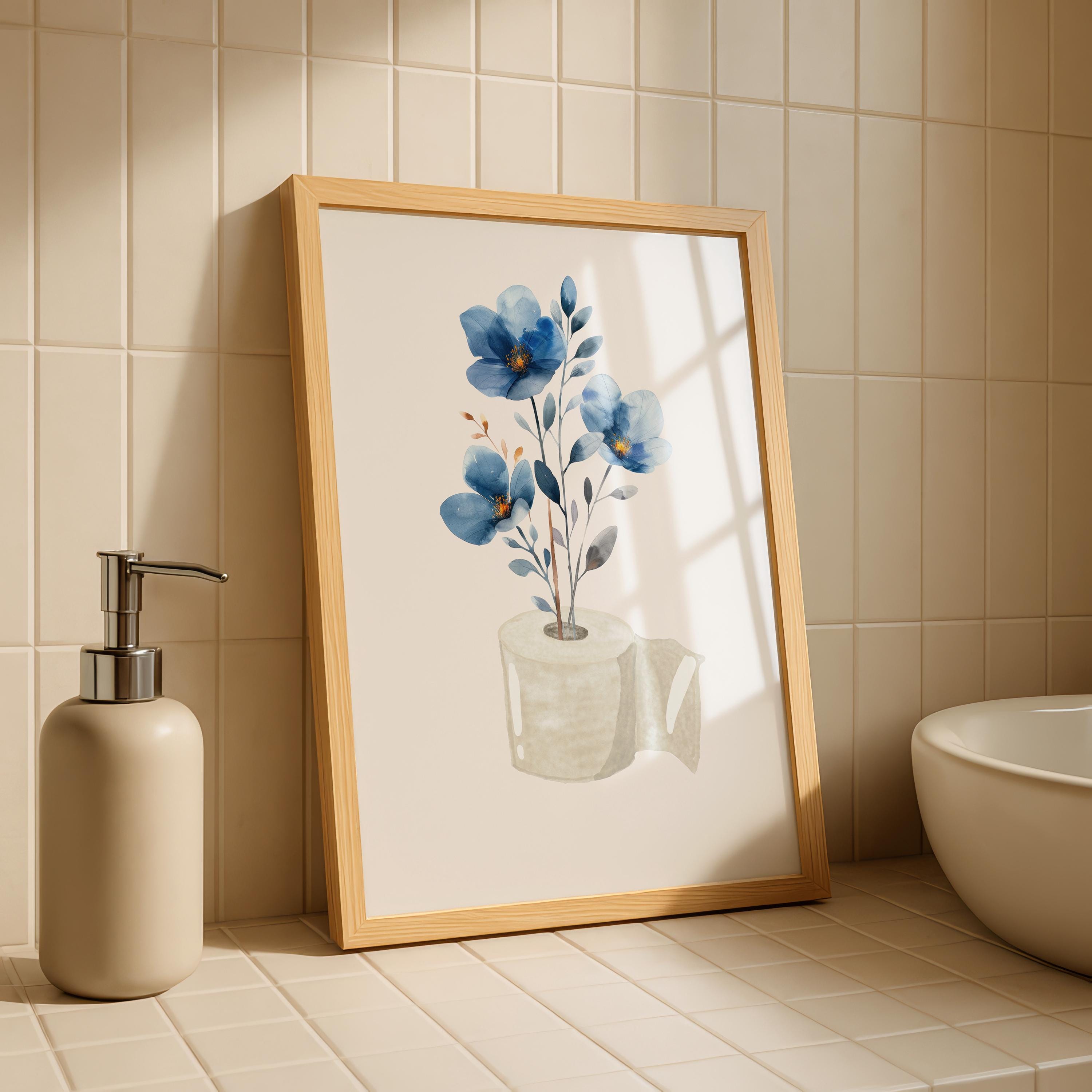 Blue Toilet Paper Roll Plant Print, Funny Bathroom Wall Art, Blue Watercolor Art, Botanical Print Minimalist Wall Art, Toilet Print, DIGITAL