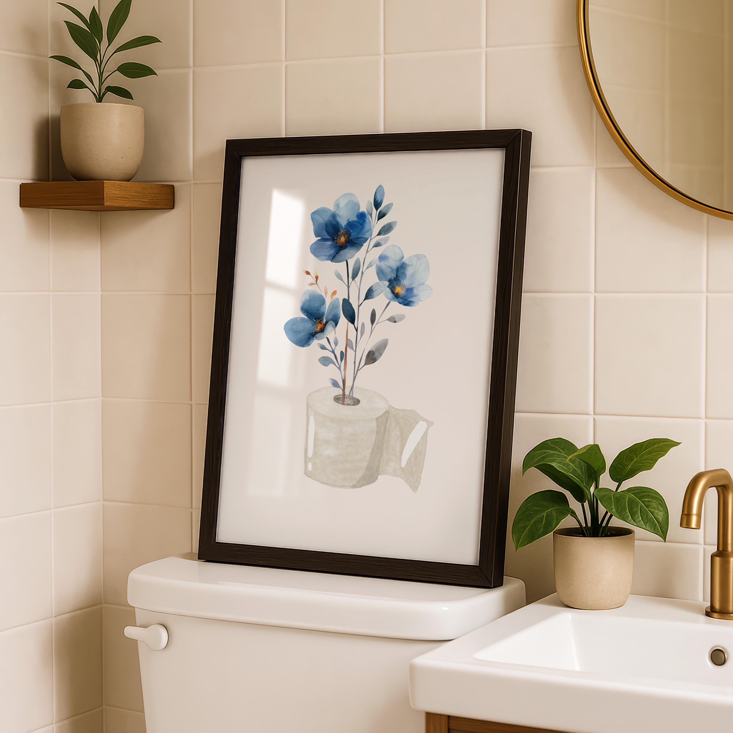Blue Toilet Paper Roll Plant Print, Funny Bathroom Wall Art, Blue Watercolor Art, Botanical Print Minimalist Wall Art, Toilet Print, DIGITAL