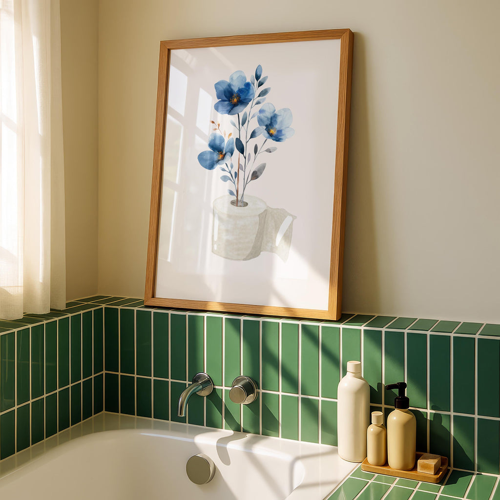 Blue Toilet Paper Roll Plant Print, Funny Bathroom Wall Art, Blue Watercolor Art, Botanical Print Minimalist Wall Art, Toilet Print, DIGITAL
