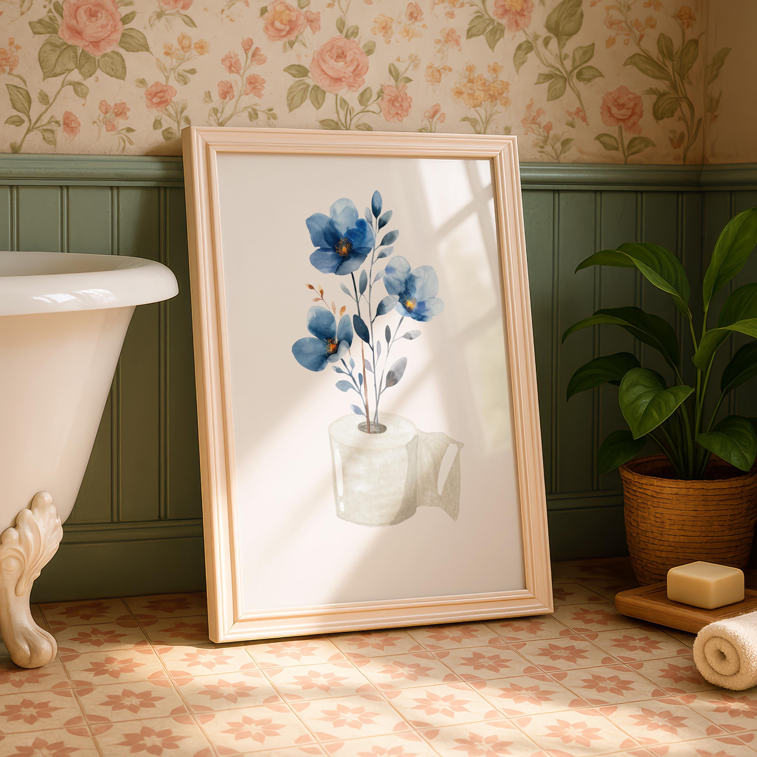 Blue Toilet Paper Roll Plant Print, Funny Bathroom Wall Art, Blue Watercolor Art, Botanical Print Minimalist Wall Art, Toilet Print, DIGITAL