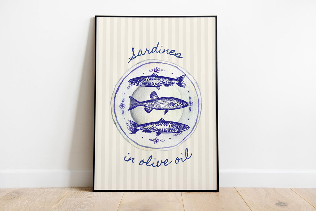 Sardines Plate Art Print, Fish Art Print, Sardines Tinned Print, Blue Fish Print, Retro Kitchen Wall Art, Trendy Wall Art, Seafood Wall Art