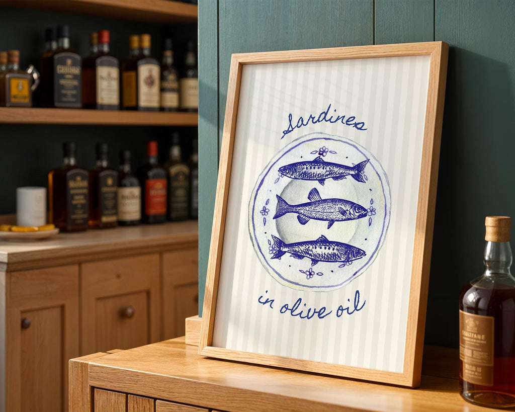 Sardines Plate Art Print, Fish Art Print, Sardines Tinned Print, Blue Fish Print, Retro Kitchen Wall Art, Trendy Wall Art, Seafood Wall Art