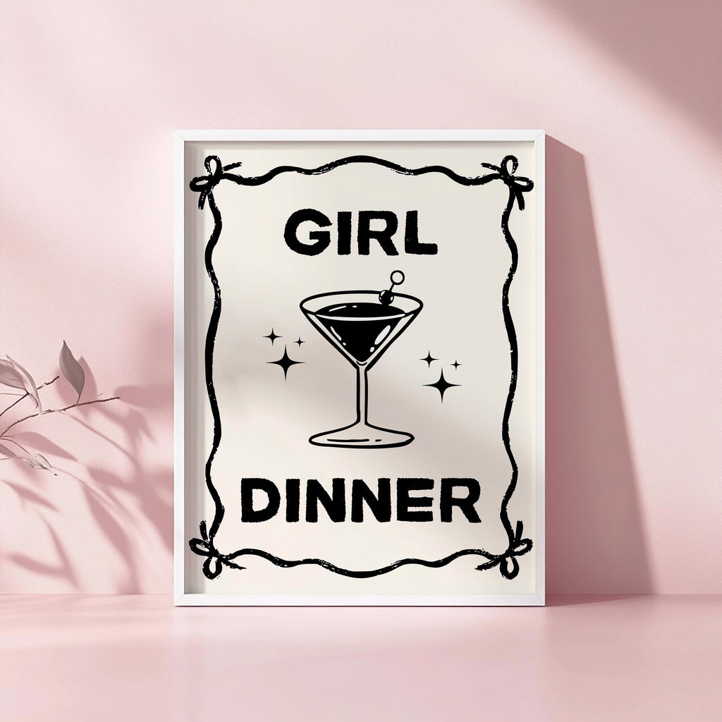 Girl Dinner Print, Funny Kitchen Prints, College Apartment Poster Black Bar Cart Decor, Cocktail Wall Art, Cute Martini Gifts, Bar Cart Art