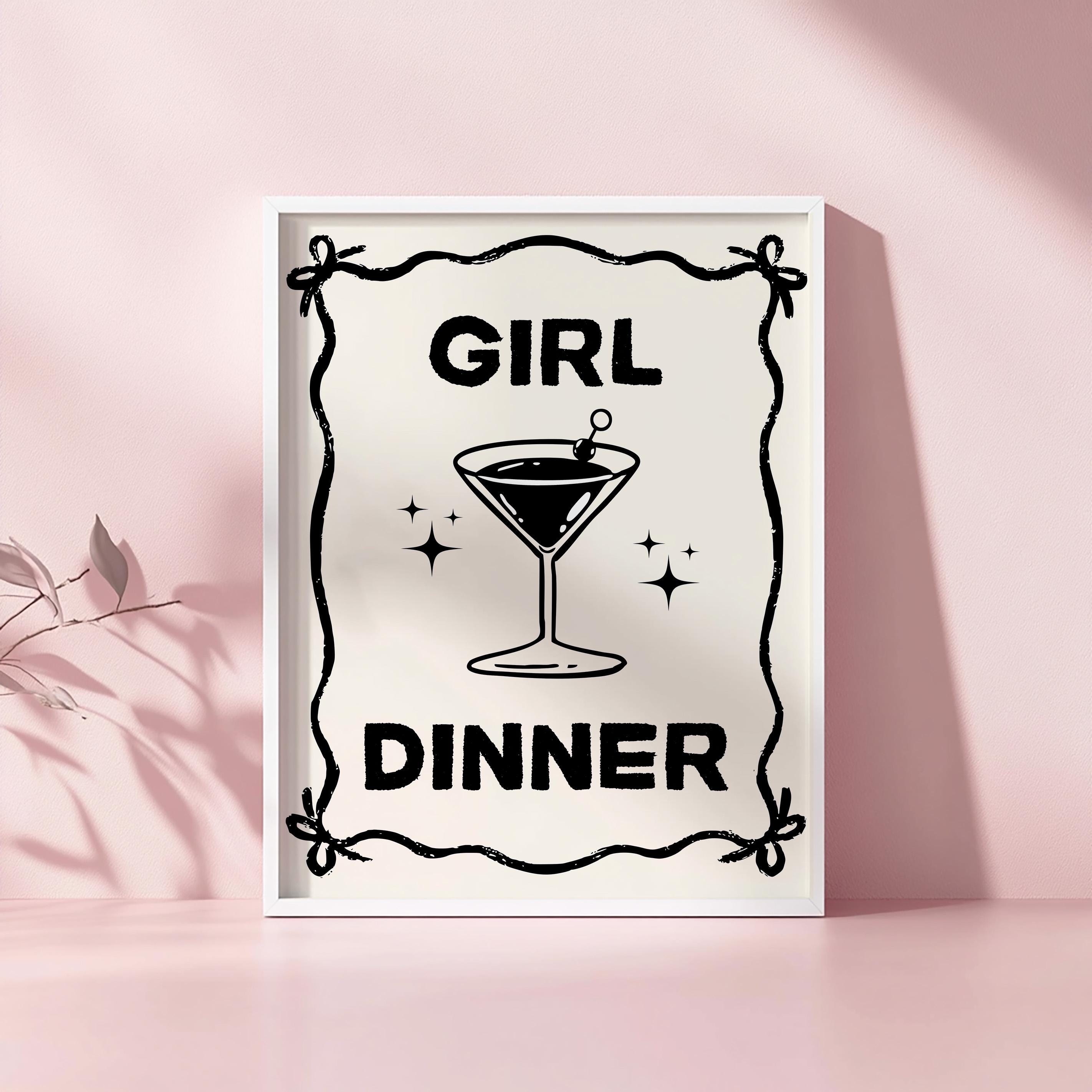 Girl Dinner Print, Funny Kitchen Prints, College Apartment Poster Black Bar Cart Decor, Cocktail Wall Art, Cute Martini Gifts, Bar Cart Art