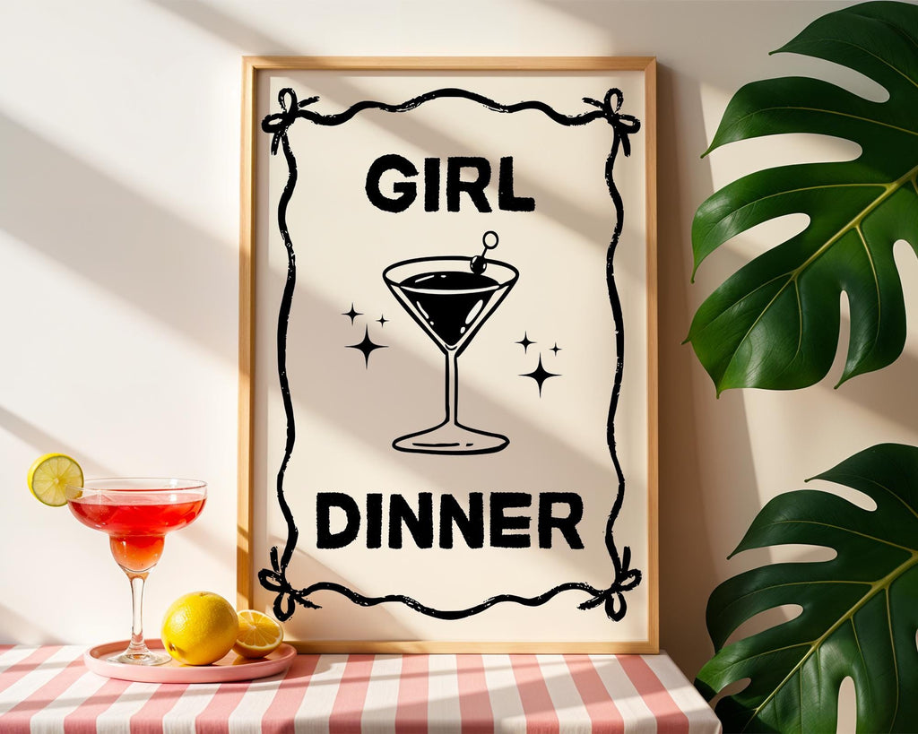 Girl Dinner Print, Funny Kitchen Prints, College Apartment Poster Black Bar Cart Decor, Cocktail Wall Art, Cute Martini Gifts, Bar Cart Art