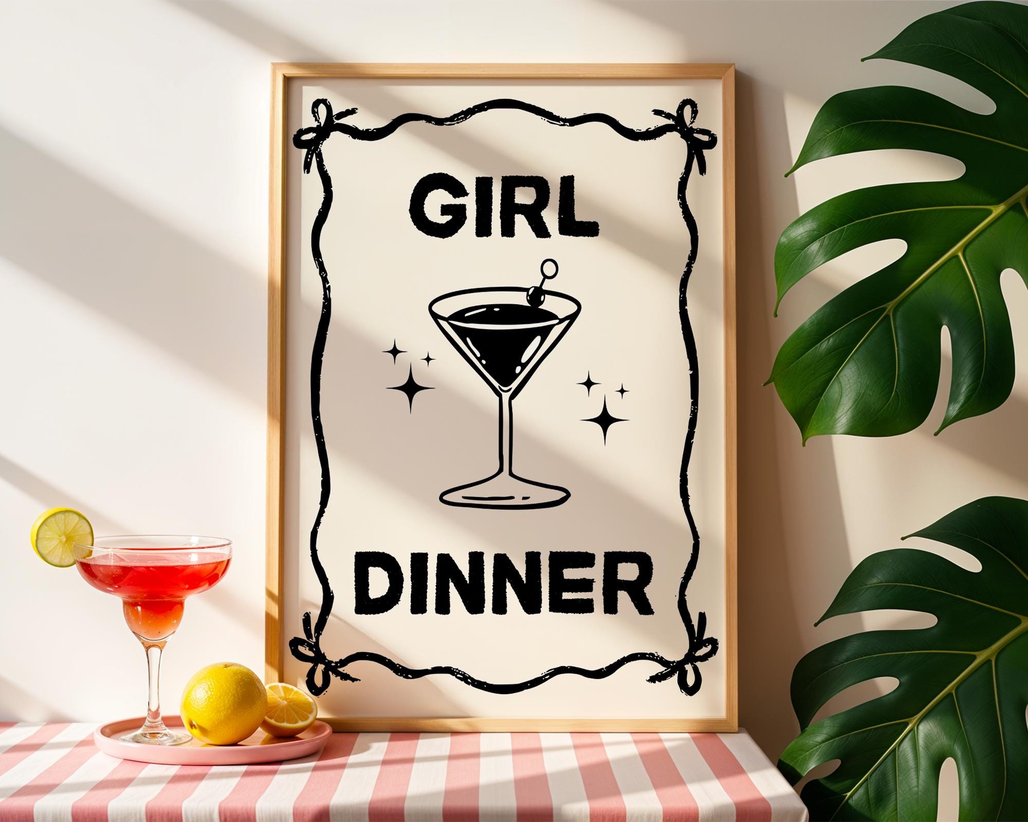 Girl Dinner Print, Funny Kitchen Prints, College Apartment Poster Black Bar Cart Decor, Cocktail Wall Art, Cute Martini Gifts, Bar Cart Art