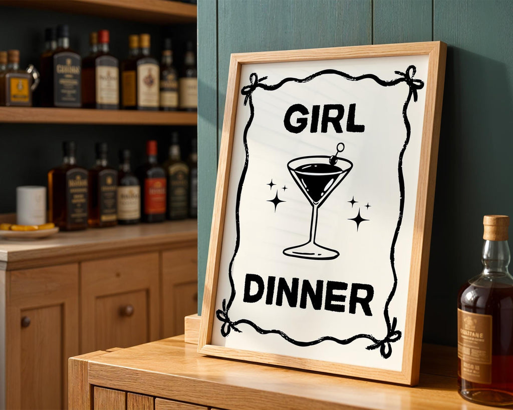 Girl Dinner Print, Funny Kitchen Prints, College Apartment Poster Black Bar Cart Decor, Cocktail Wall Art, Cute Martini Gifts, Bar Cart Art