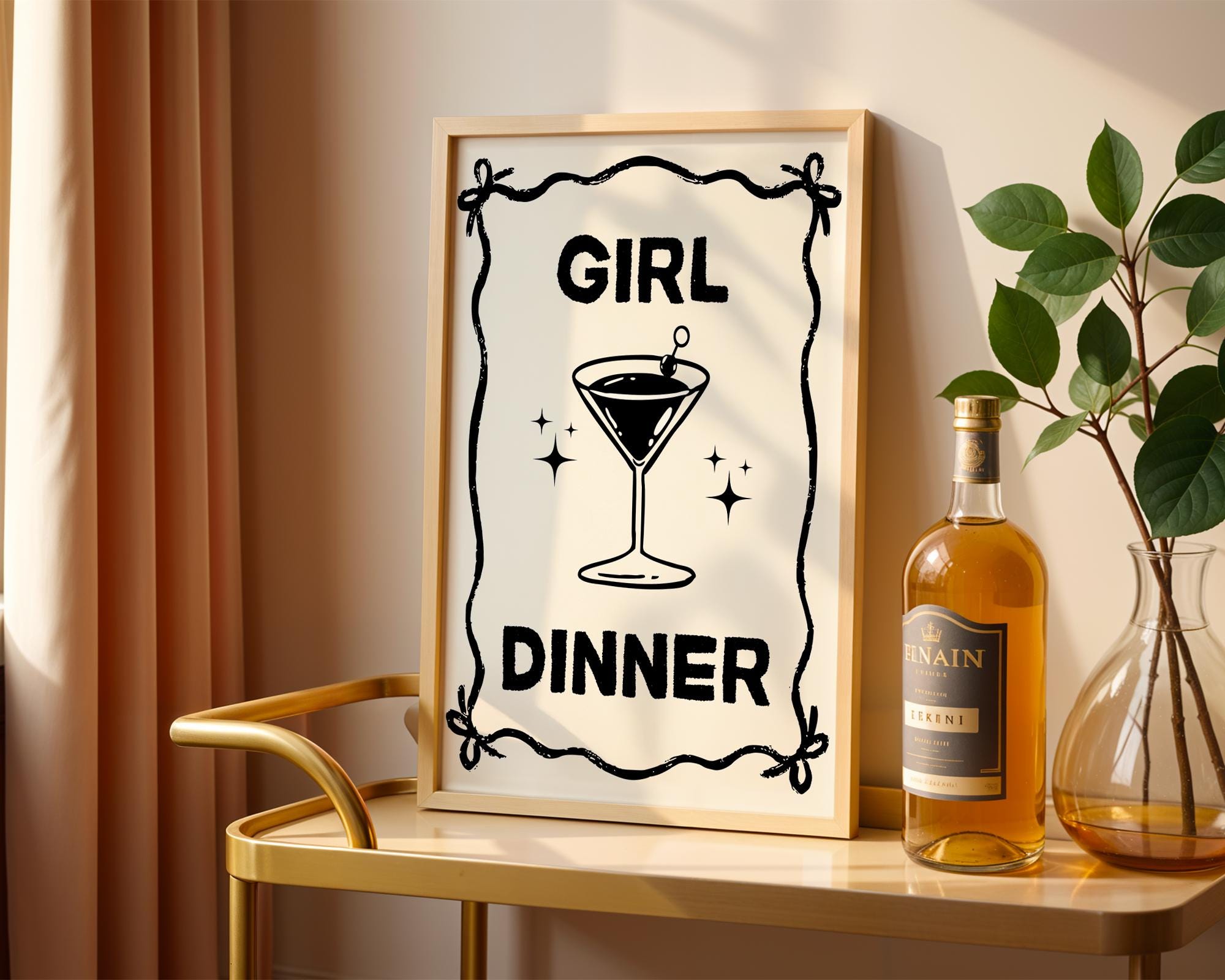 Girl Dinner Print, Funny Kitchen Prints, College Apartment Poster Black Bar Cart Decor, Cocktail Wall Art, Cute Martini Gifts, Bar Cart Art