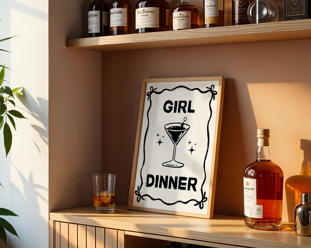 Girl Dinner Print, Funny Kitchen Prints, College Apartment Poster Black Bar Cart Decor, Cocktail Wall Art, Cute Martini Gifts, Bar Cart Art