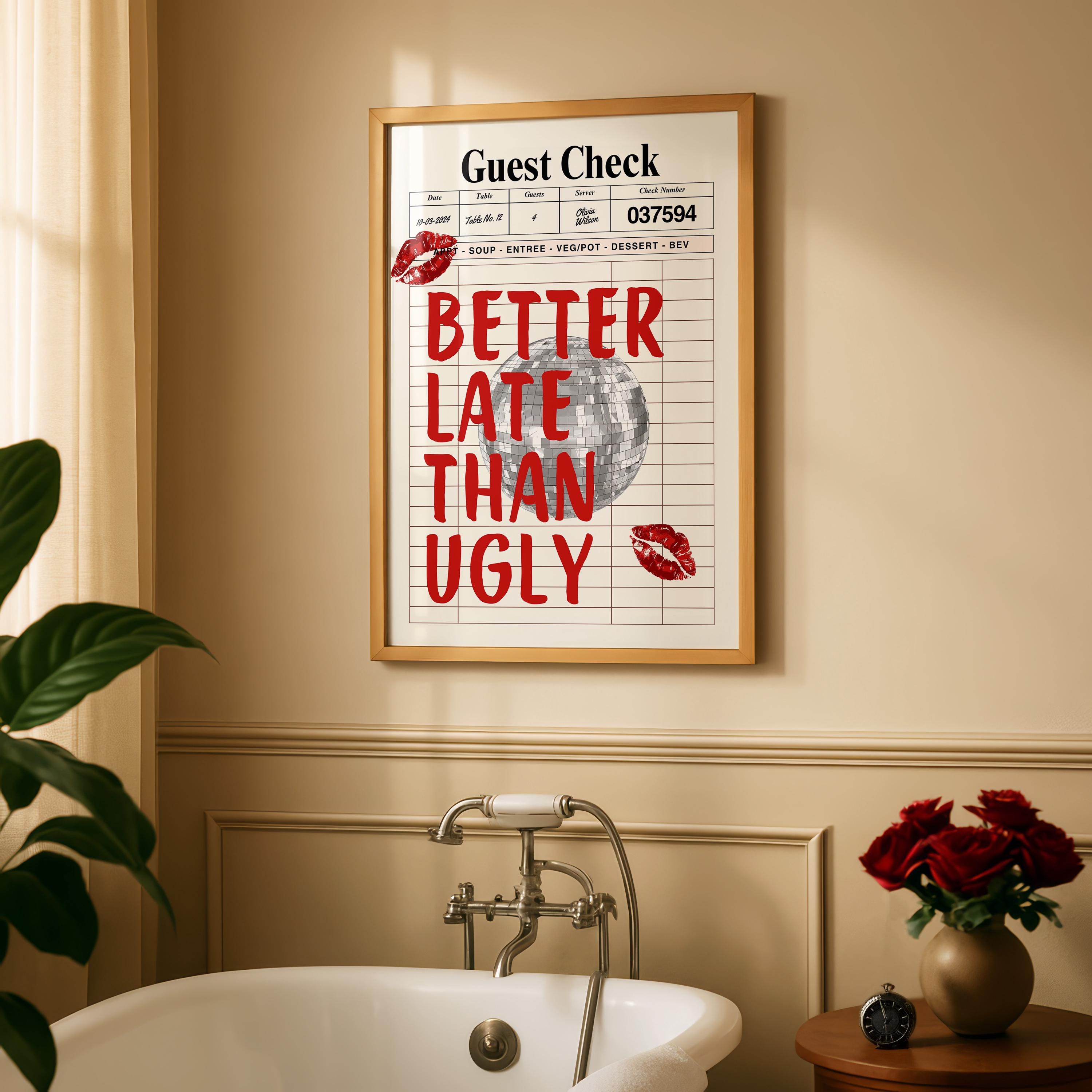 Better Late Than Ugly Red print Funky girly wall art Retro Guest Check print Trendy Preppy room decor Funny College Apartment decor DIGITAL