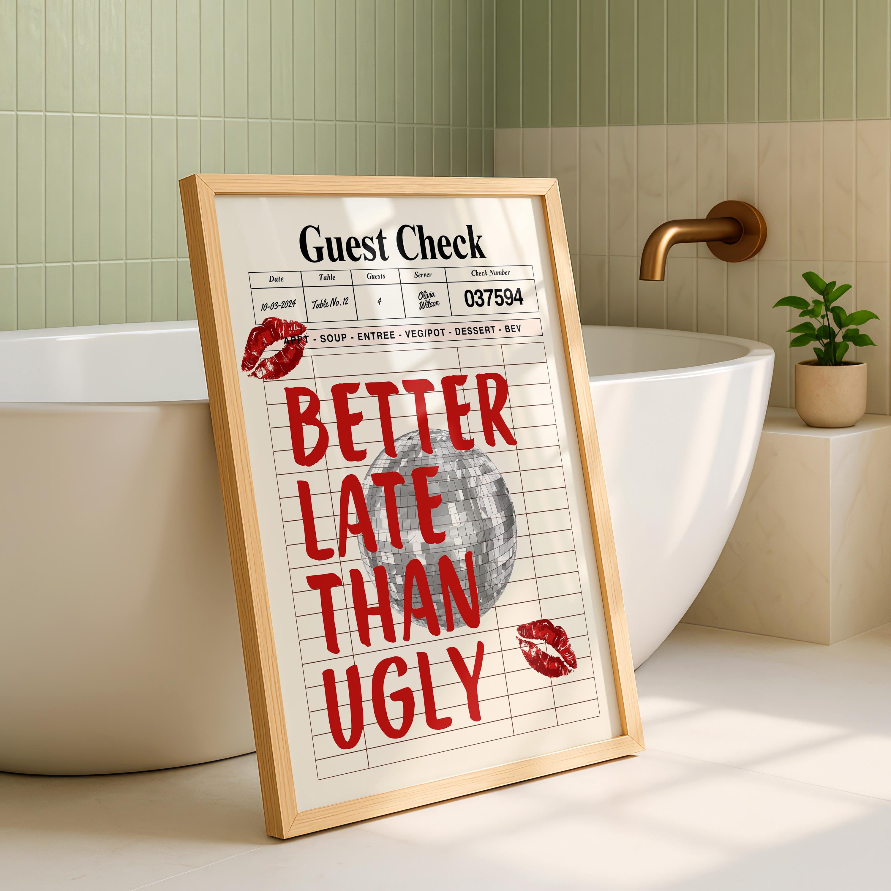 Better Late Than Ugly Red print Funky girly wall art Retro Guest Check print Trendy Preppy room decor Funny College Apartment decor DIGITAL