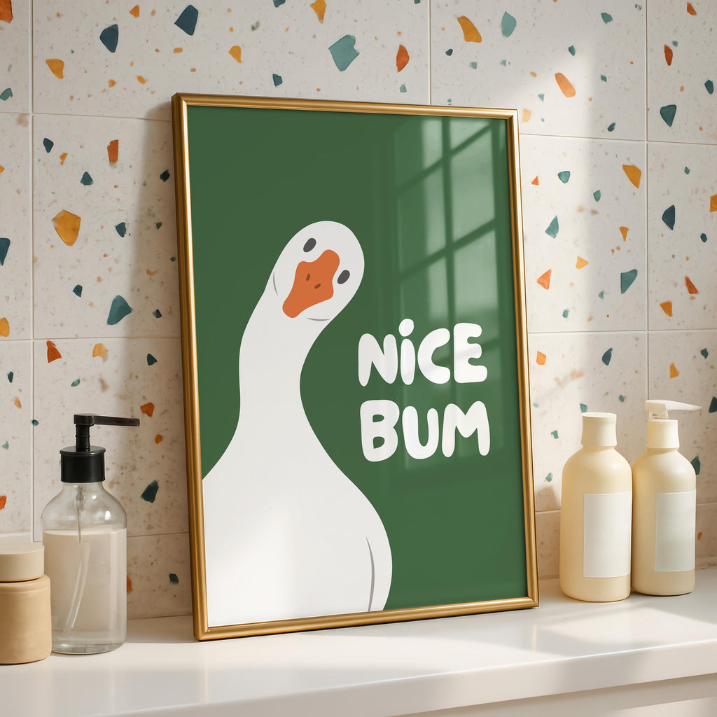 Nice Bum Goose Print, Funny Bathroom Wall Art, Cute Silly Goose Poster, Trendy Minimalist Green Decor, Quirky Bathroom Gift Idea, DIGITAL
