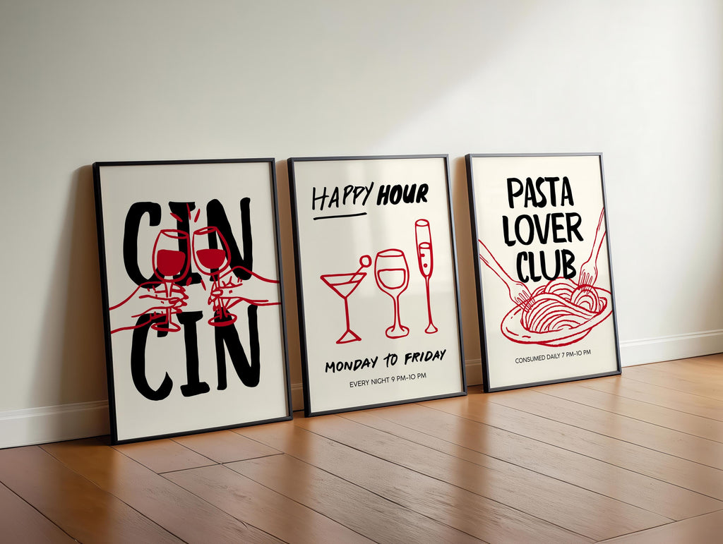 Trendy Cin Cin Cheers Print Set of 3, Retro Happy Hour Poster, Pasta Lovers Food Print, Black Bar Cart Art Print, Maximalist Kitchen Print