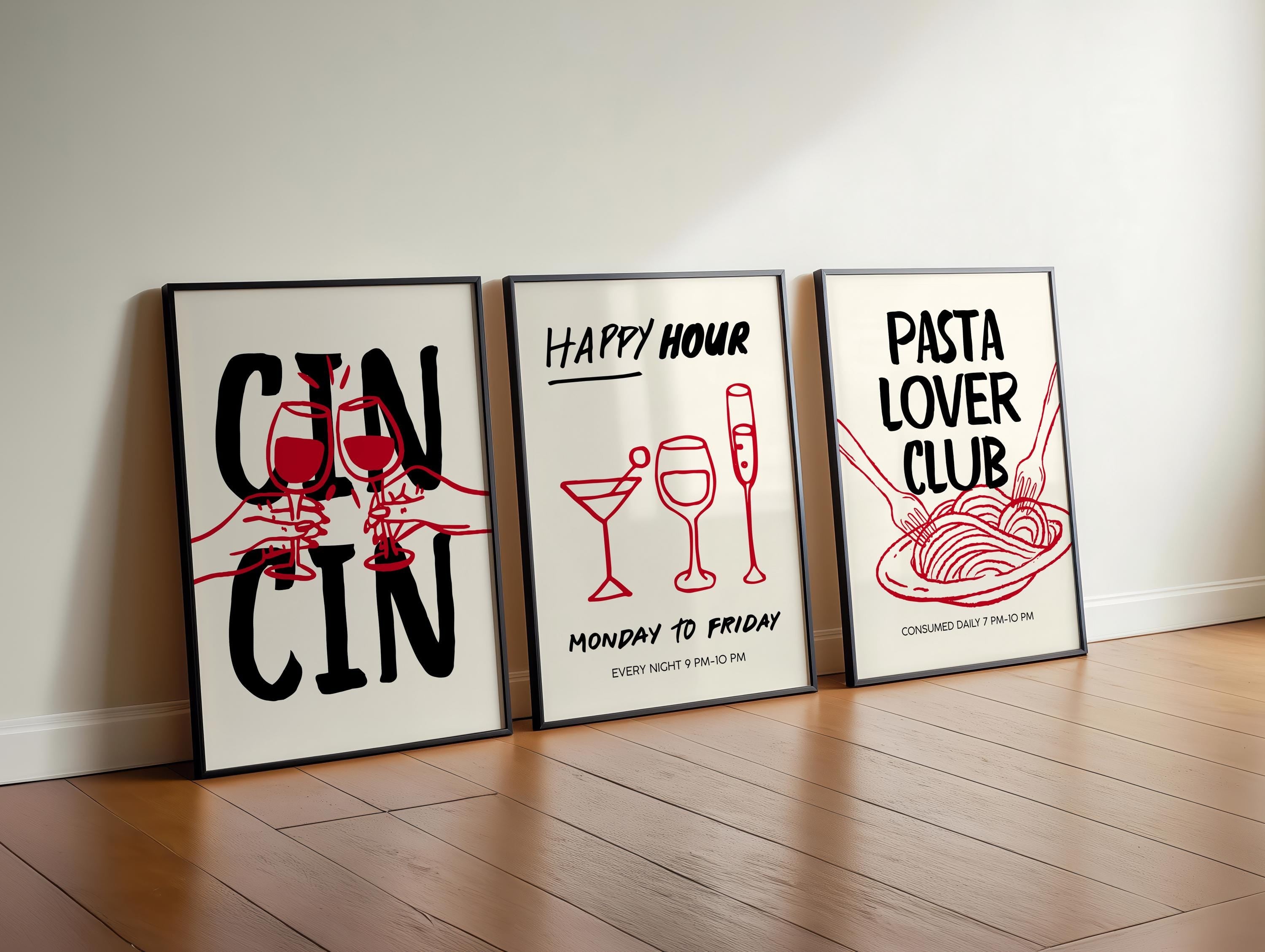 Trendy Cin Cin Cheers Print Set of 3, Retro Happy Hour Poster, Pasta Lovers Food Print, Black Bar Cart Art Print, Maximalist Kitchen Print