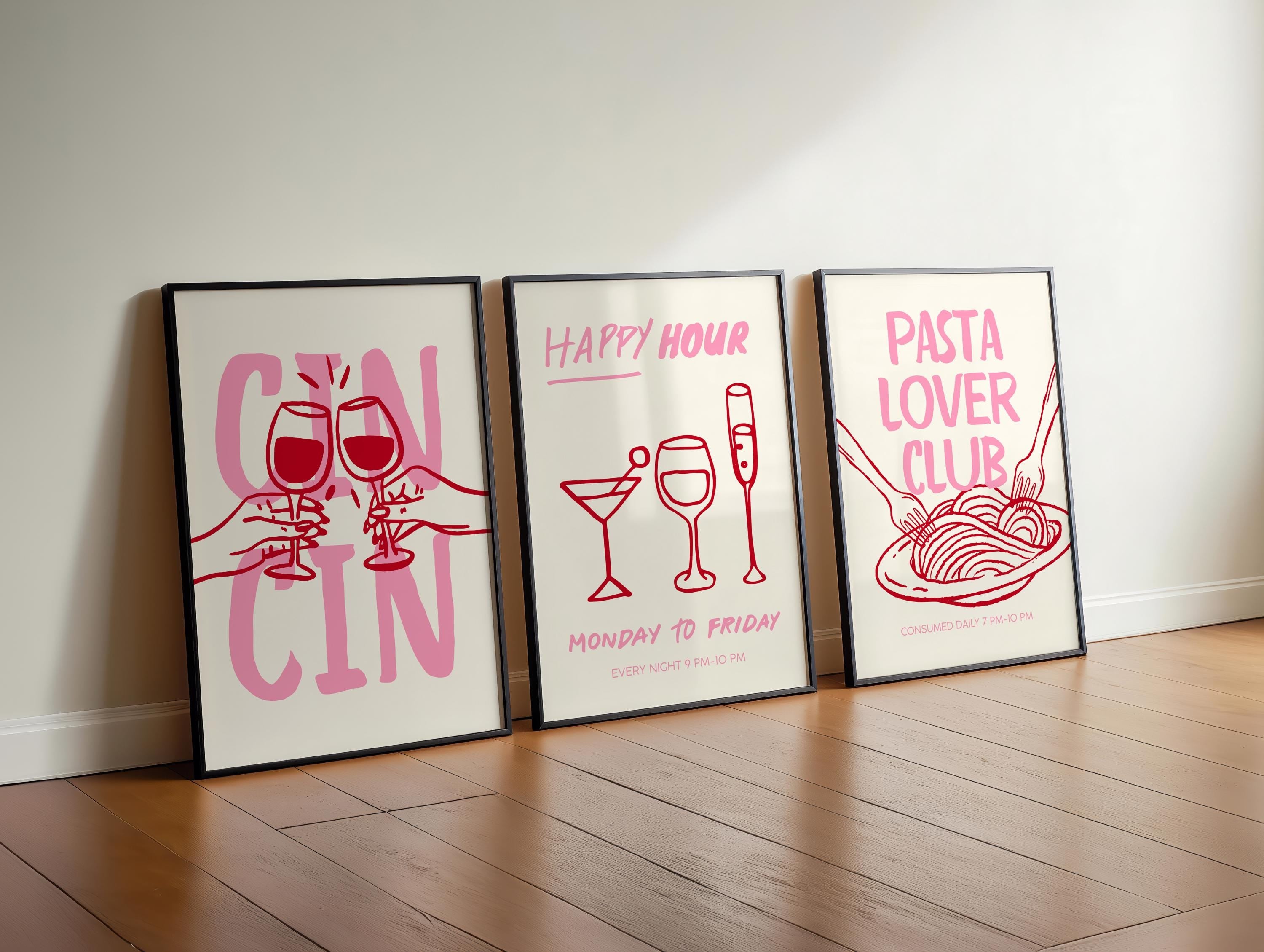 Cin Cin Cheers Wall Art Set of 3 Prints, Pink Happy Hour Cocktail Poster, Pasta Lover Club Italian Food Print, Modern Kitchen Decor DIGITAL