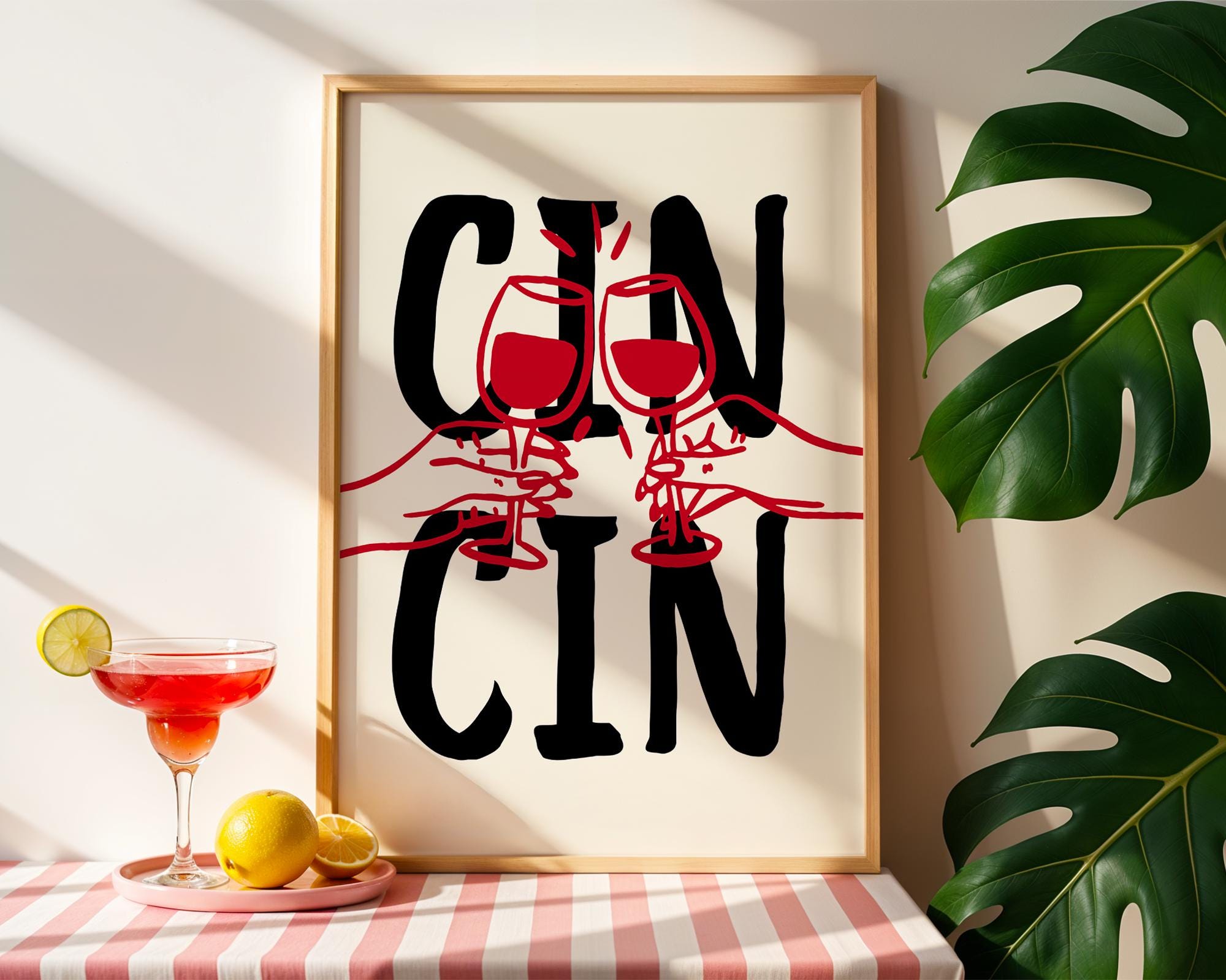 Cin Cin Print Trendy Printable Art, Wine Poster Black & Red Fun Wall Art, Aesthetic Room Decor Retro Wine Drawing, Bar Cart Print, DIGITAL