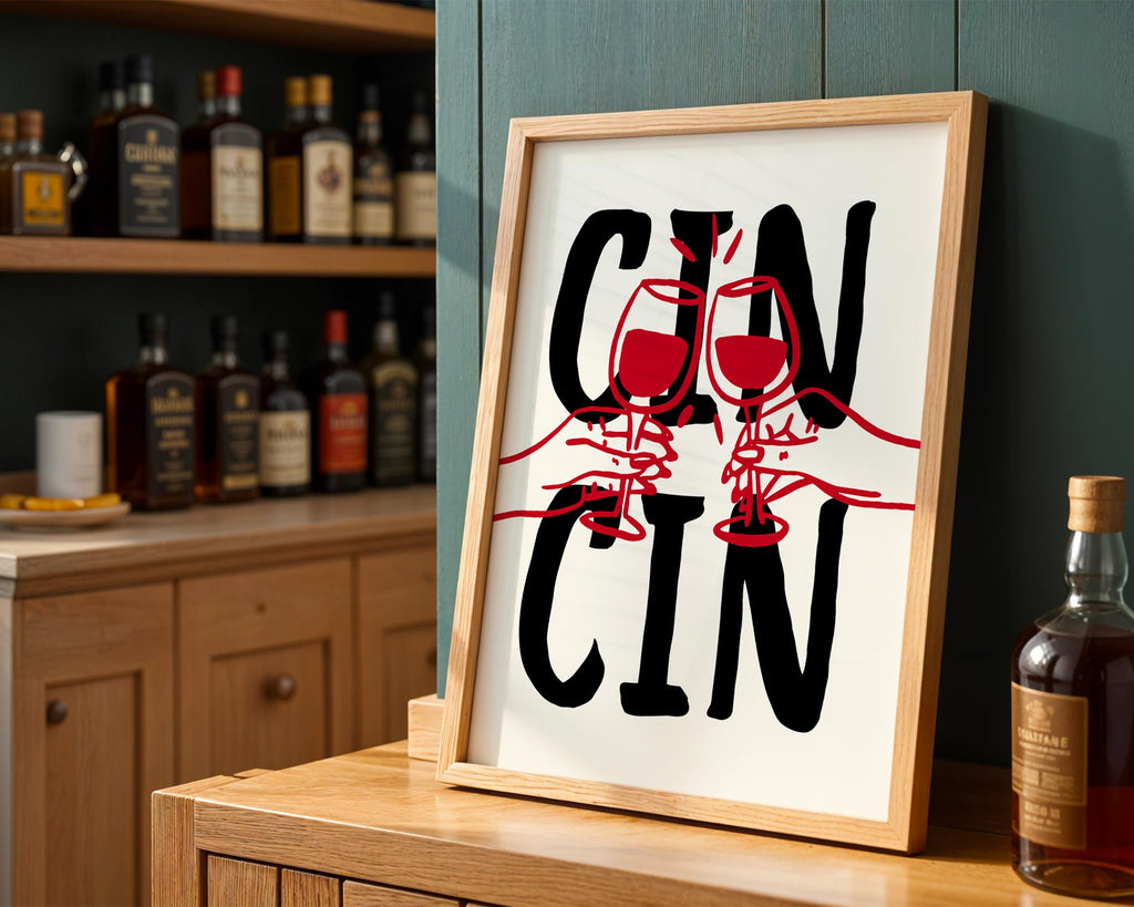 Cin Cin Print Trendy Printable Art, Wine Poster Black & Red Fun Wall Art, Aesthetic Room Decor Retro Wine Drawing, Bar Cart Print, DIGITAL