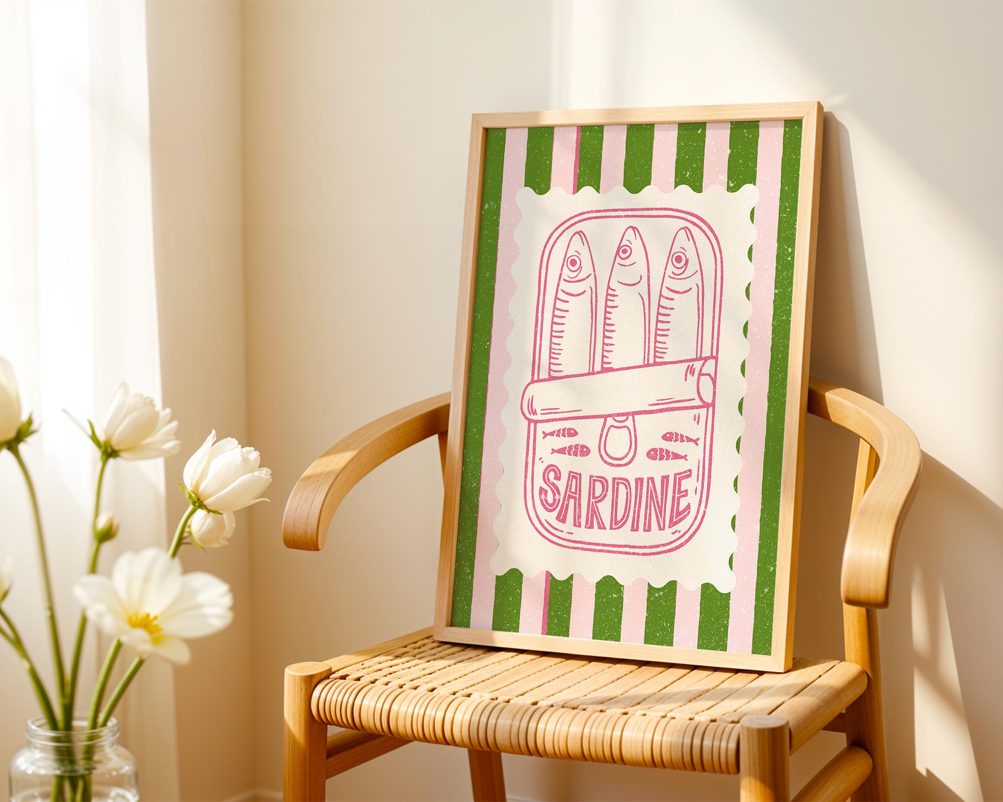 Retro Sardine Tin Poster, Funny Kitchen Wall Art, Pink Green Stripe Kitchen Decor, Trendy Seafood Poster, Nautical Coastal Wall Art, DIGITAL