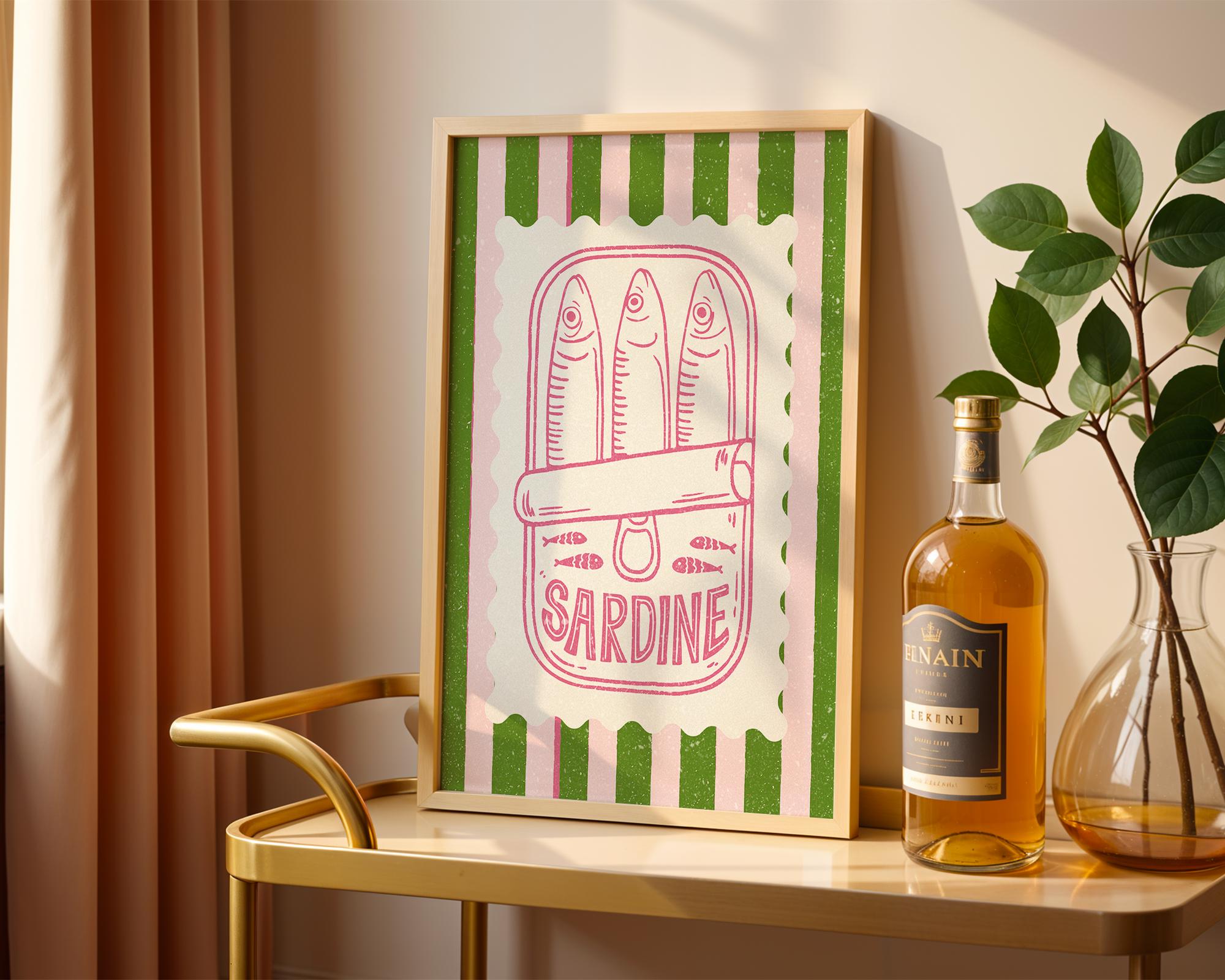 Retro Sardine Tin Poster, Funny Kitchen Wall Art, Pink Green Stripe Kitchen Decor, Trendy Seafood Poster, Nautical Coastal Wall Art, DIGITAL