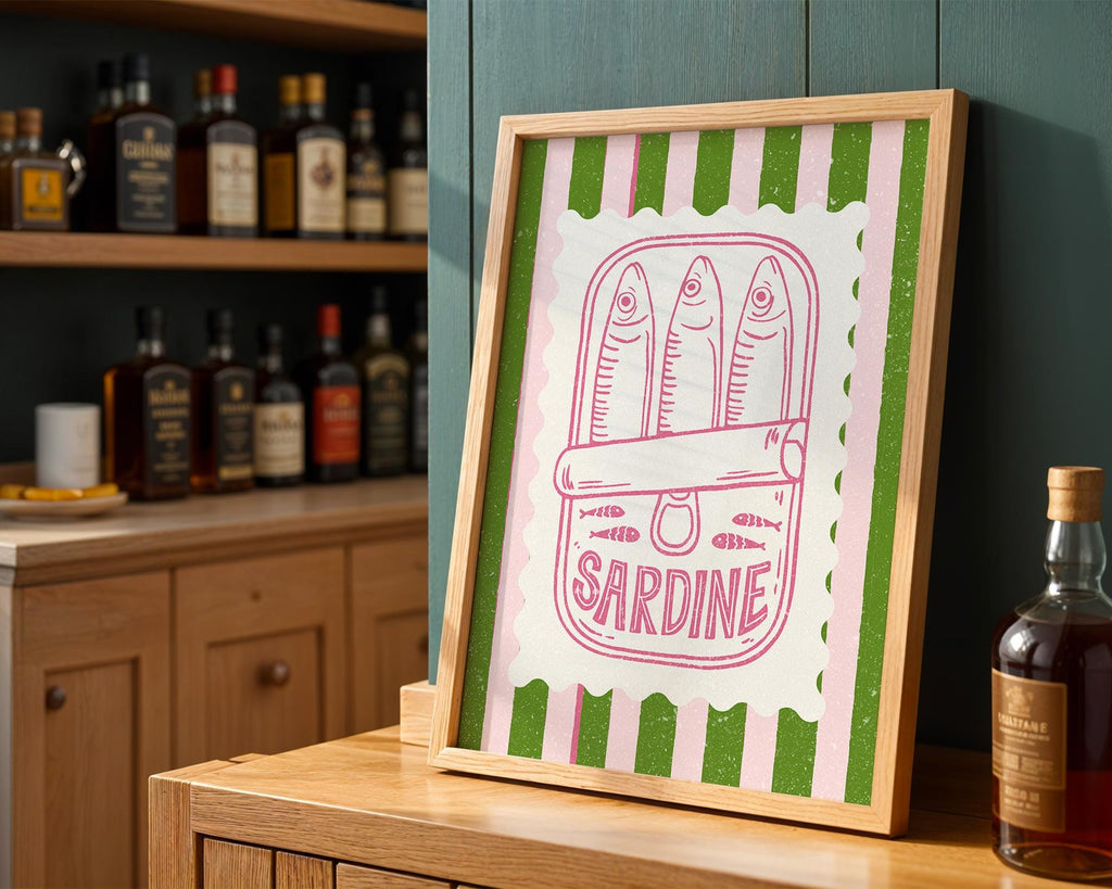 Retro Sardine Tin Poster, Funny Kitchen Wall Art, Pink Green Stripe Kitchen Decor, Trendy Seafood Poster, Nautical Coastal Wall Art, DIGITAL