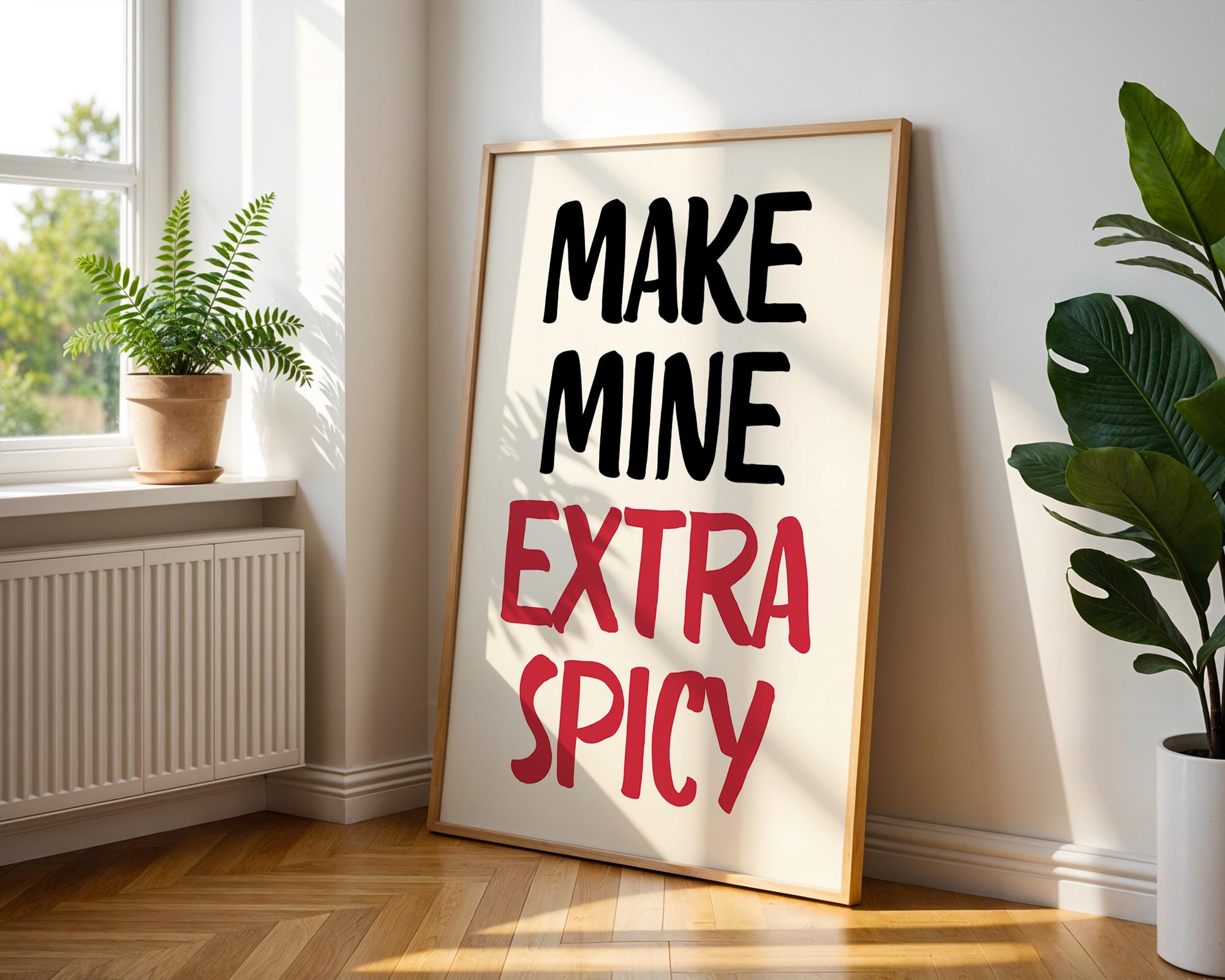 Make Mine Extra Spicy Print, Kitchen Wall Art Chili Pepper Poster, Trendy Retro Food Illustration Red Aesthetic Decor, Humor Quote Prints