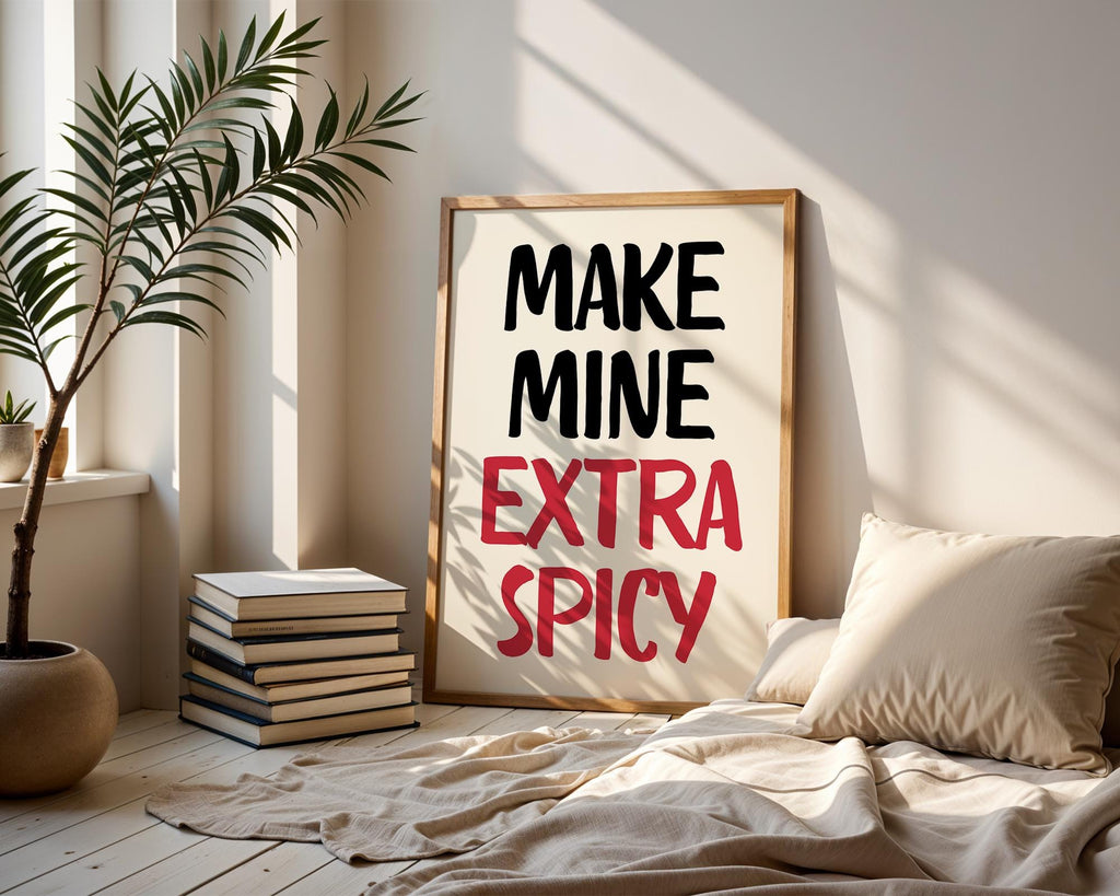 Make Mine Extra Spicy Print, Kitchen Wall Art Chili Pepper Poster, Trendy Retro Food Illustration Red Aesthetic Decor, Humor Quote Prints