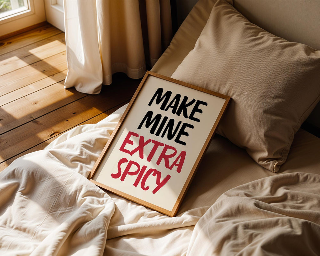 Make Mine Extra Spicy Print, Kitchen Wall Art Chili Pepper Poster, Trendy Retro Food Illustration Red Aesthetic Decor, Humor Quote Prints