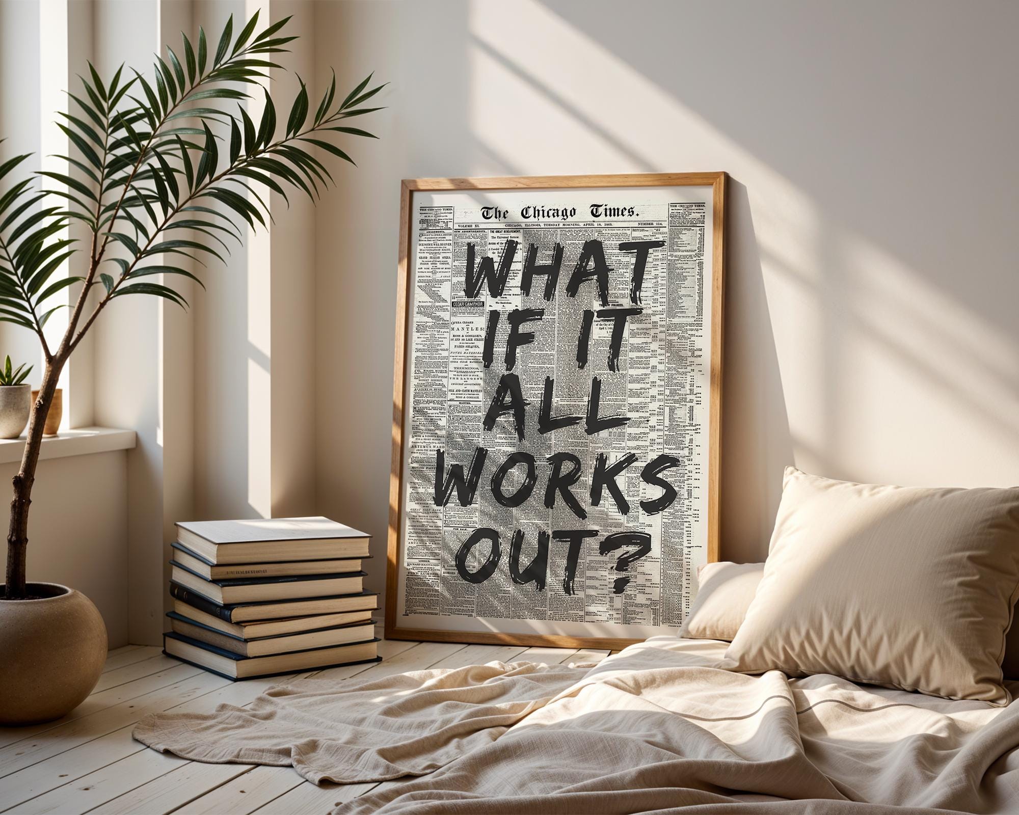 What If It All Works Out Retro Newspaper Print, Retro Trendy Wall Art, Cute Typography Poster, Affirmations Apartment Aesthetic, DIGITAL