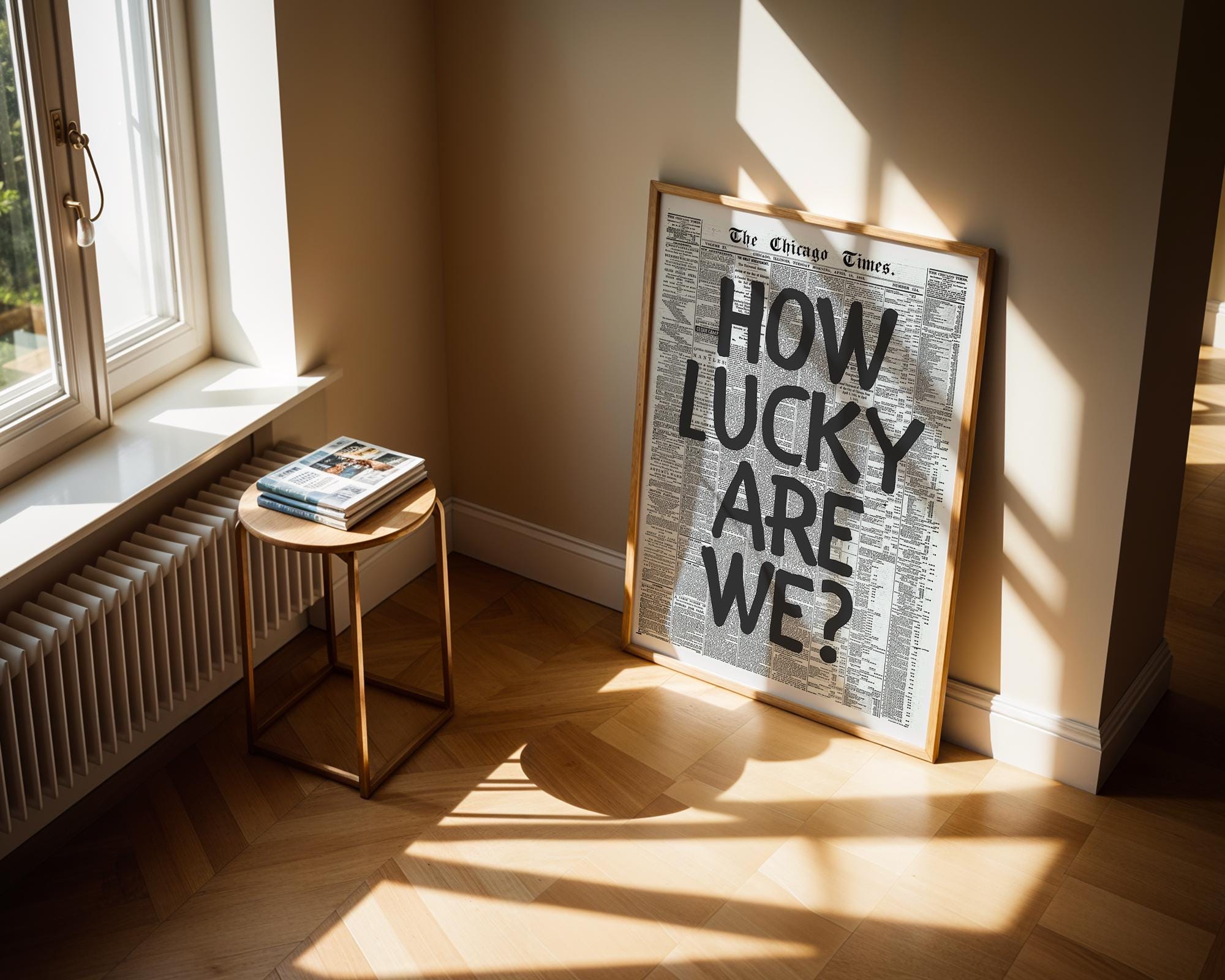 How Lucky Are We Retro Print, Black Wall Art Print, Retro Newspaper Poster, Trendy Wall Art, College Apartment Aesthetic, DIGITAL DOWNLOAD