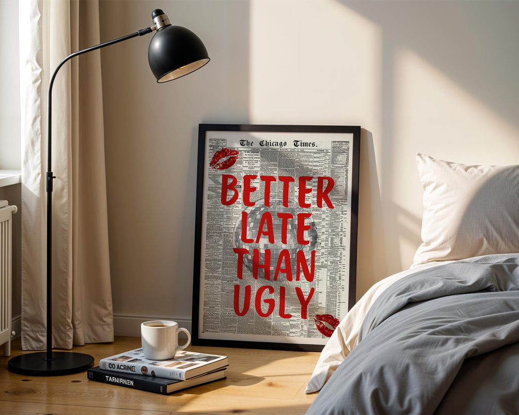Better Late Than Ugly Newspaper Print, Red Trendy Wall Art, Retro Bedroom Poster, Red Chic Apartment Sassy Aesthetic Room Decor, DIGITAL