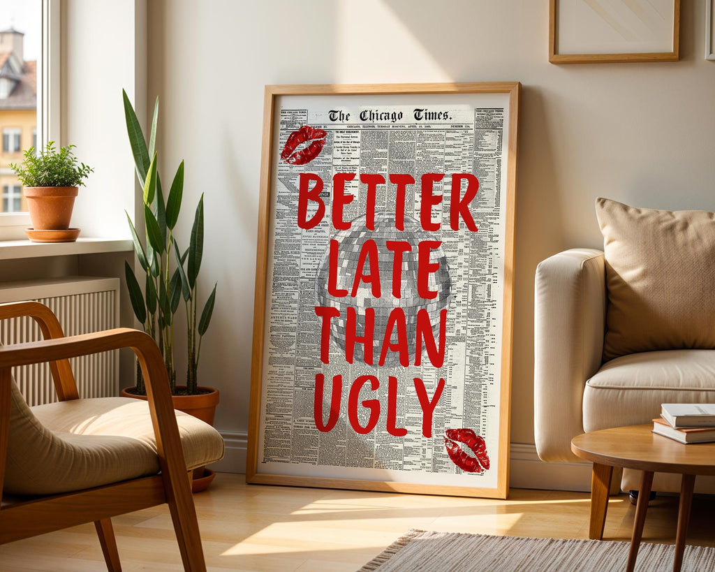 Better Late Than Ugly Newspaper Print, Red Trendy Wall Art, Retro Bedroom Poster, Red Chic Apartment Sassy Aesthetic Room Decor, DIGITAL